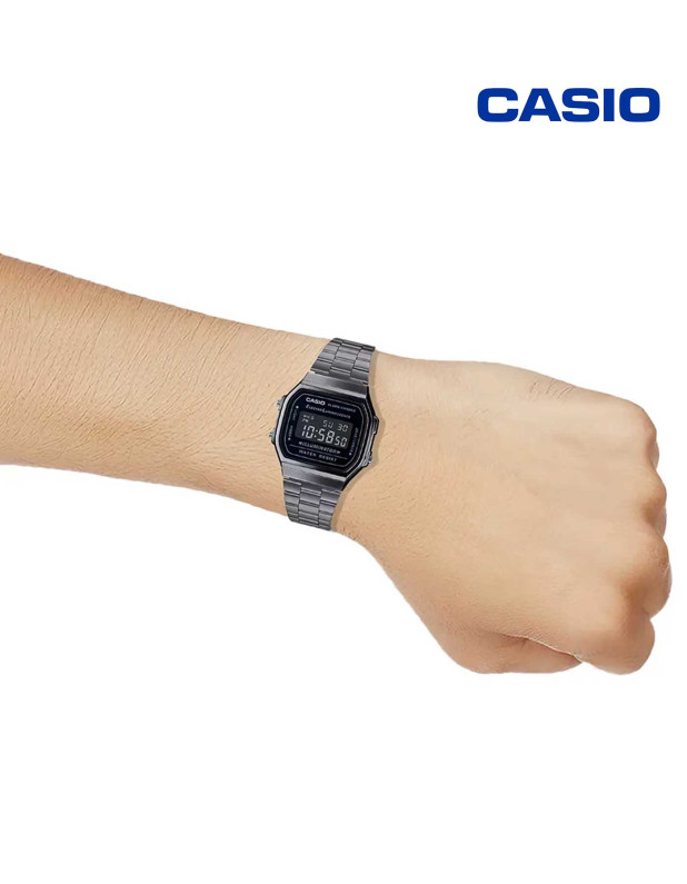 Casio Vintage Digital Black Dial Unisex Watch Grey Metal Strap