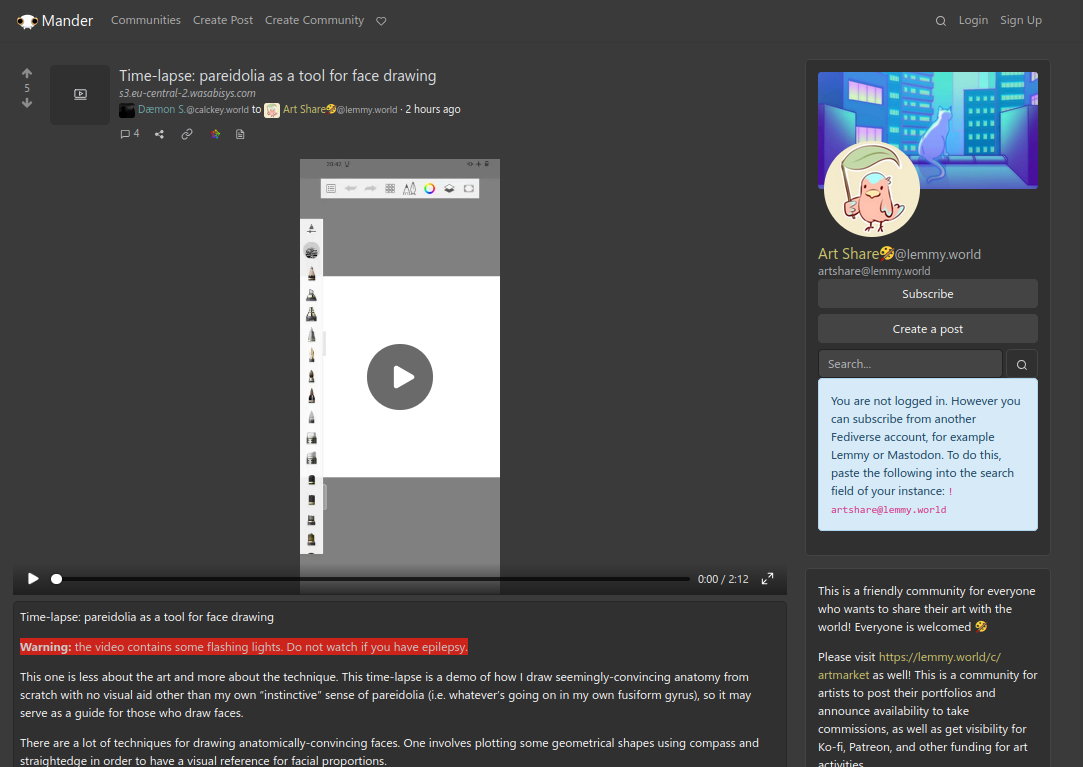 Screenshot of this thread, as seen from Mander Lemmy instance, with the video as a still frame inside a HTMLVideoElement, neither a GIF nor auto-playing. My second line "Warning" is highlighted by me to show how visible it is within the post.