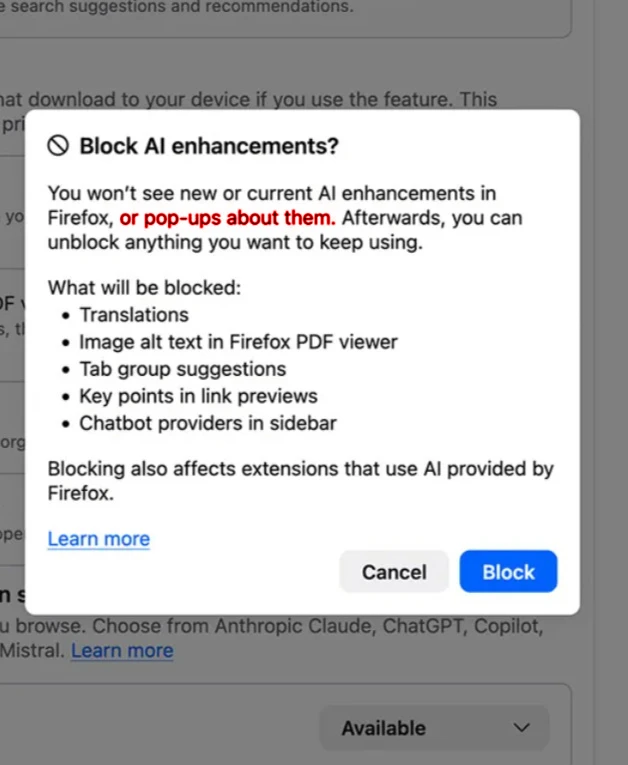 Screenshot of confirmation dialog "Block AI enhancements?" with "or pop-ups about them" highlighted.
