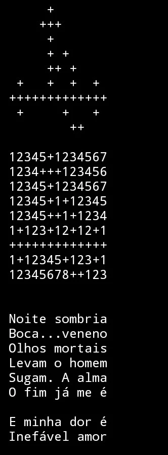 Trecho recortado de um aplicativo editor de texto, com três blocos de texto distintos, todos em fonte monoespaçada:

Primeiro bloco de texto: uma arte ASCII com o sigilo de Lilith 
Segundo bloco de texto: a mesma arte ASCII, mas com os espaços/lacunas preenchidos por números sequenciais, de forma a determinar o tamanho de cada palavra a ser encaixada nas lacunas 
Terceiro bloco de texto: o poema visto na postagem anterior, alinhado com a arte ASCII no sentido de que os espaços e pontuações coincidem com o formato dos traços e curvas presentes no sigilo de Lilith. Essencialmente, tais traços e curvas foram tornados em uma arte negativa (exemplo: a seta no logo do FedEx) no texto visual, com os espaços vazios da arte ASCII sendo preenchidos com palavras e os traços/curvas sendo representados pelos espaços e pontuações entre as palavras.