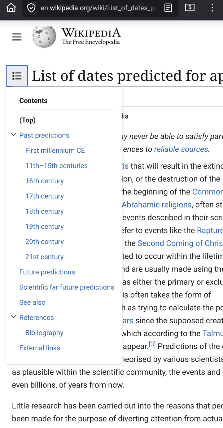 Mobile screenshot of Wikipedia article &quot;list of dates predicted for apocalyptic events&quot; with the Table of Contents (ToC) opened.