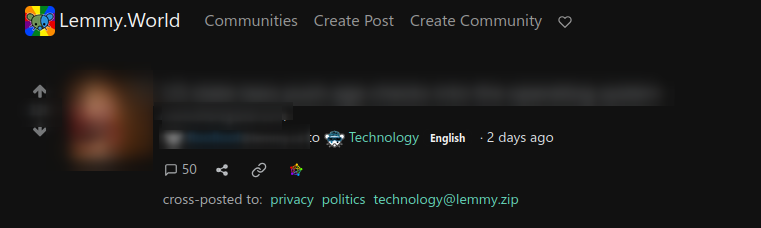 Screenshot of a Lemmy.world post depicting the cross-posting in action. Title and names are blurred because the subject matter of this screenshot is the cross-posting mechanism.