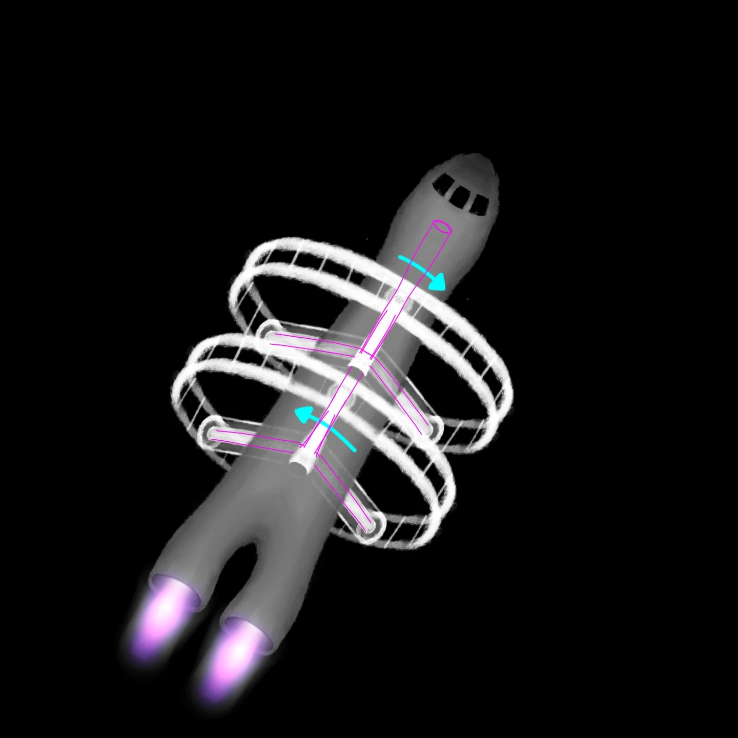 A drawing of a similar spaceship as my previous drawing, in similar view (isometric, 60 degrees) but it's just the drawing and the force vectors on top of it, and the ship now has a different configuration for the rings, in which the wings are actually surrounding the ship's body, rotating in the same axis as the ship's roll axis, although one ring rotates to opposite direction that of the other ring. The purple light from ionic thrusters is slightly improved, with me using a glow brush from Sketchbook to make the ink additive (therefore closer to a light) rather than subtractive. The three astronauts aren't visible through the cockpit's windows.