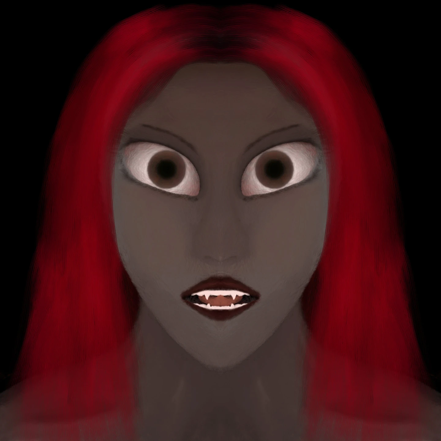 Picture of the final art originally drawn in the time-lapse, depicting a close mugshot of a feminine face meant to be a safe depiction of Lilith (demoness-goddess in occultism; here, Her more potentially disturbing features such as horns, wings, blood and hollow dark eyes are replaced by a more womanly anthropomorphic depiction which has just the pointy canines, a.k.a vampire fangs, but without the blood, as the most explicit supernatural trait). She is depicted as having brown skin, soft triangular face with tender blushed cheeks and round nose, dark red lips from an open mouth that reveals both her subtly-vampiric teeth and a tongue whose tip slightly touches the middle of the upper teeth, large almond-shaped eyes with expressively feminine eyelashes, wide pupils and reddish-brown irises (looking directly at the viewer), as well as a long and almost vivid red straight hair cascading onto Her shoulders (which are partially visible, featuring the clavicle bone and subtle relief from muscles and tendons in the neck). The background is just a solid black color.