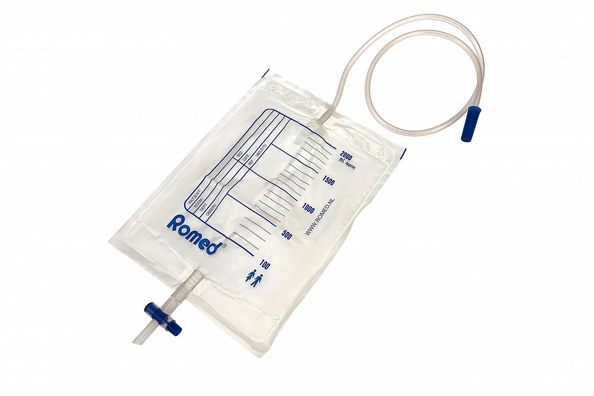 Romed urine bags 2L, with non return valve and t-valve, unsterile, UB2LNSTTV | Romed Holland