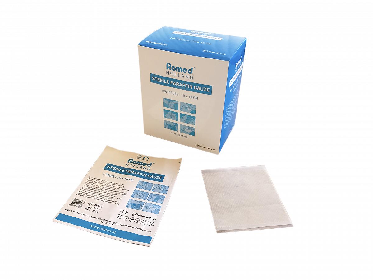 Romed paraffine gauze, 10x10cm, sterile, per piece, PARAF-10X10-PP | Romed Holland