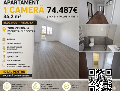 BLOC NOU apartament cu 1 camera 34.2m² de vanzare, FINALIZAT , ZONA CENTRALA Podu Ros- Bld.Socola( B