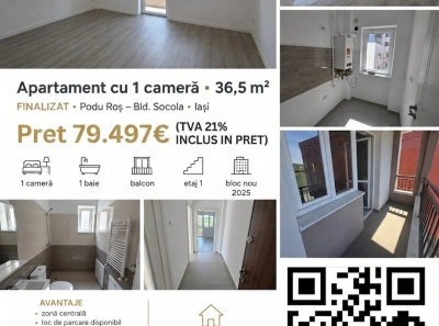 BLOC NOU apartament cu 1 camera 36.5m² de vanzare, FINALIZAT , ZONA CENTRALA Podu Ros- Bld.Socola