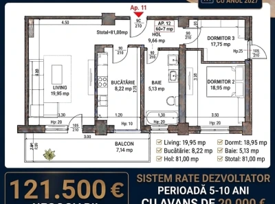 Apartament 3 camere 81mp SISTEM RATE DEZVOLTATOR 15 ani, Valea Adanca