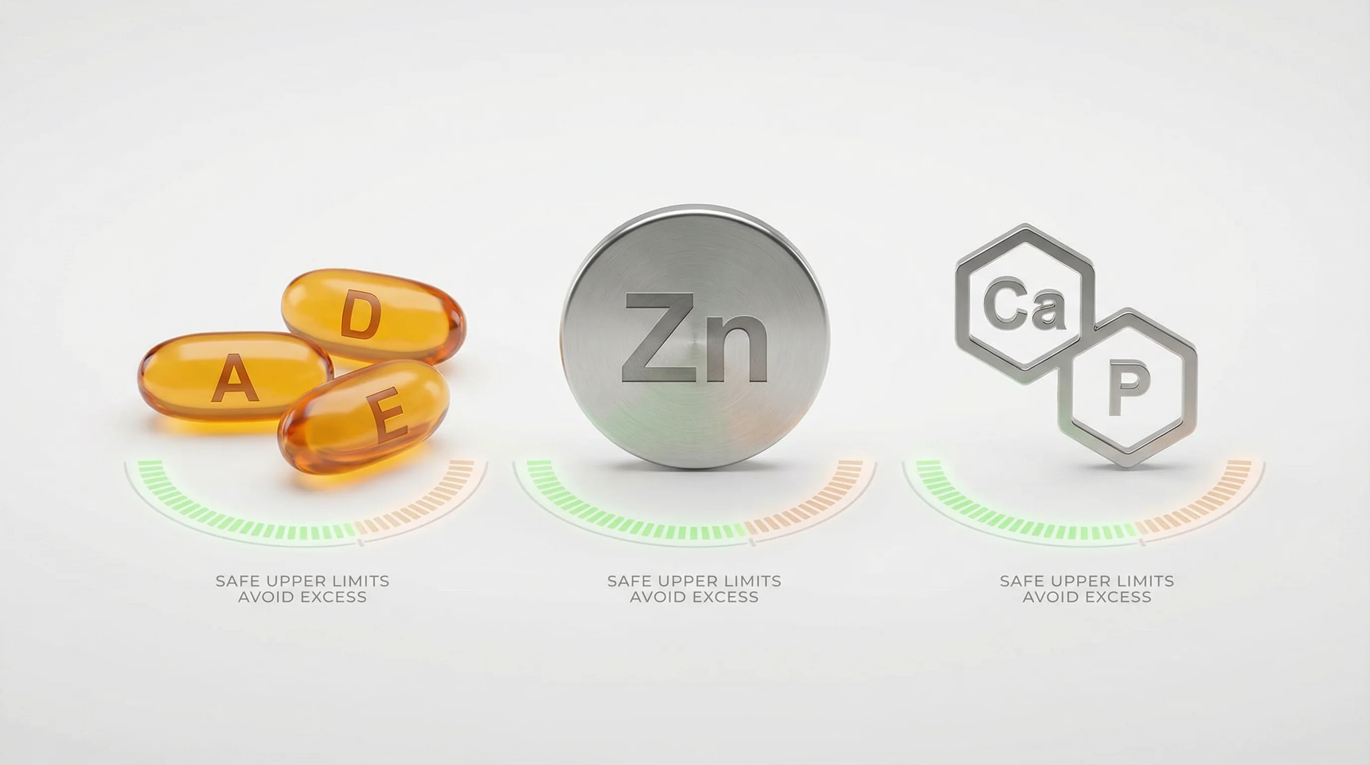 Clean studio 3D render on a neutral white background showing translucent vitamin A, D, and E capsules, metallic zinc (Zn) disc, and paired calcium (Ca
