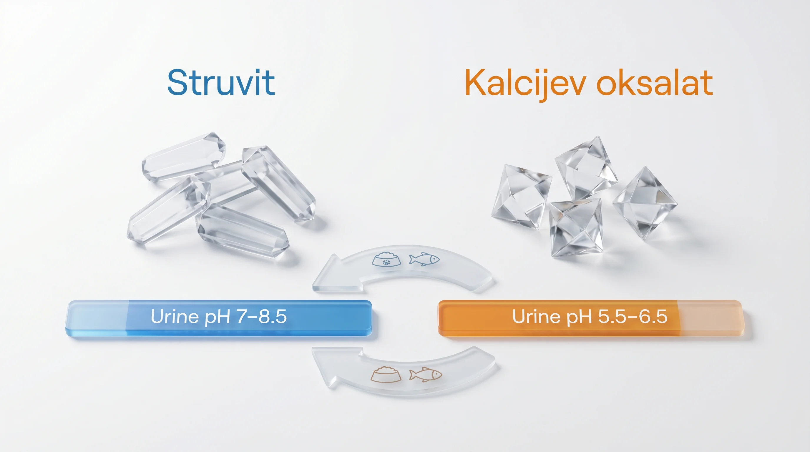 Clean studio 3D render on a white background comparing two feline urinary crystal types: left side labeled 'Struvit' as smooth prismatic crystals alig