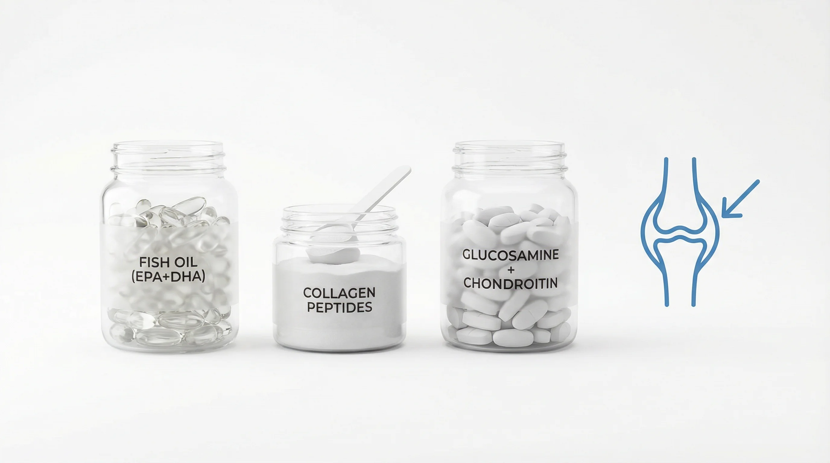 Clean studio 3D render on a white background showing canine joint-support ingredients: transparent softgel capsules labeled Fish Oil (EPA+DHA), a smal