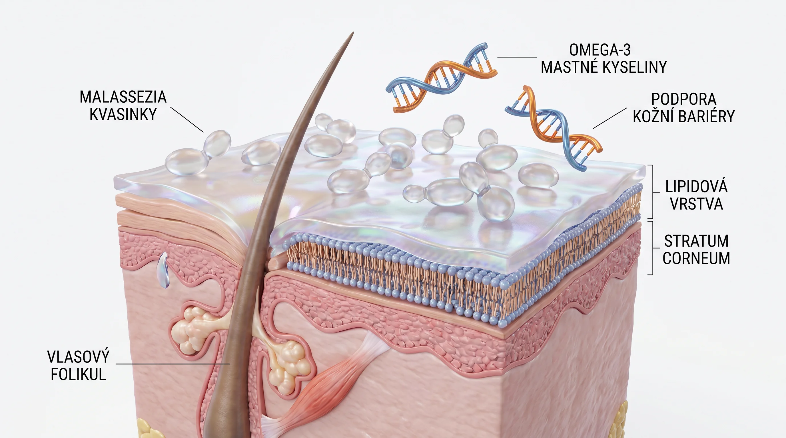 Clean 3D render of canine skin cross-section on a neutral white background. Show stratum corneum lipid layers, a hair follicle, and several Malassezia