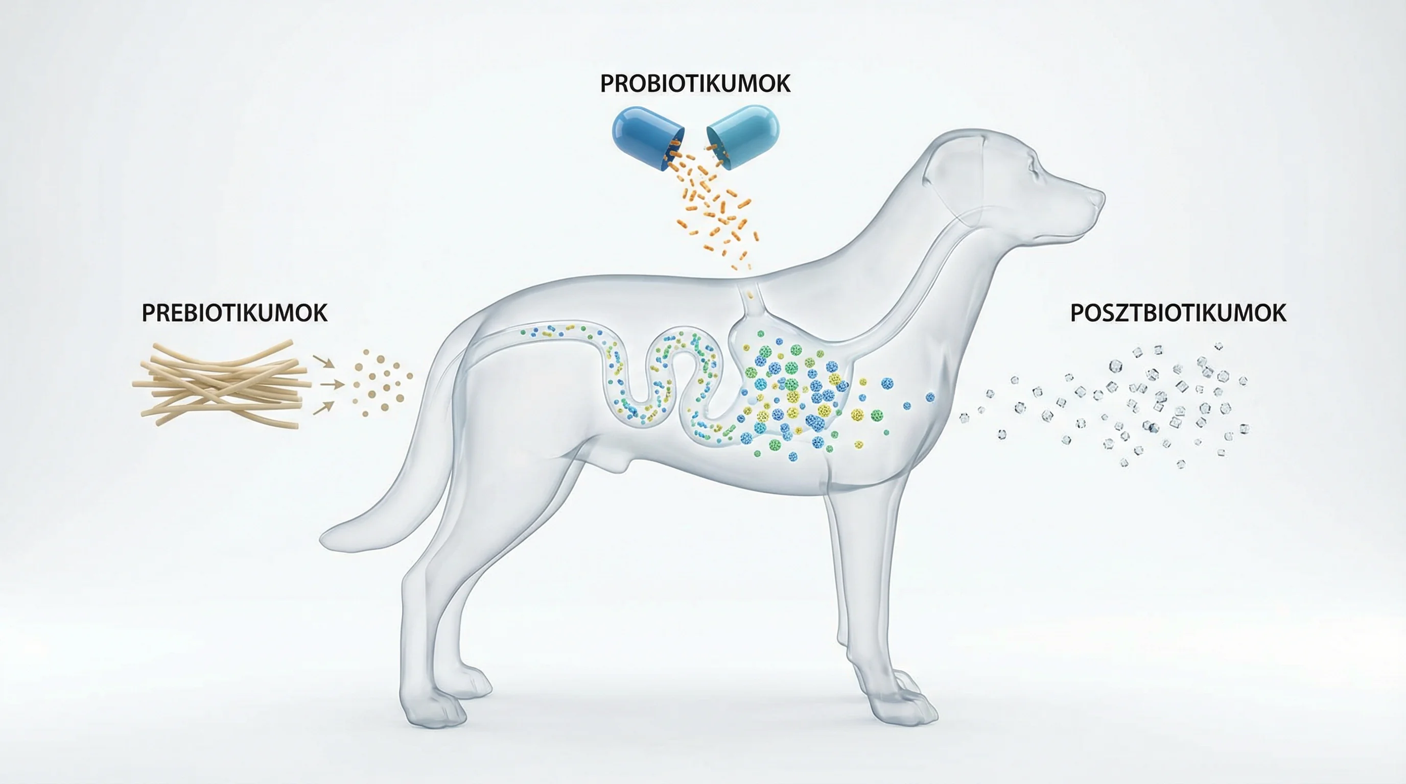 Clean 3D render on a white studio background showing a transparent dog silhouette with a simplified digestive tract. Inside, a colorful but minimal re