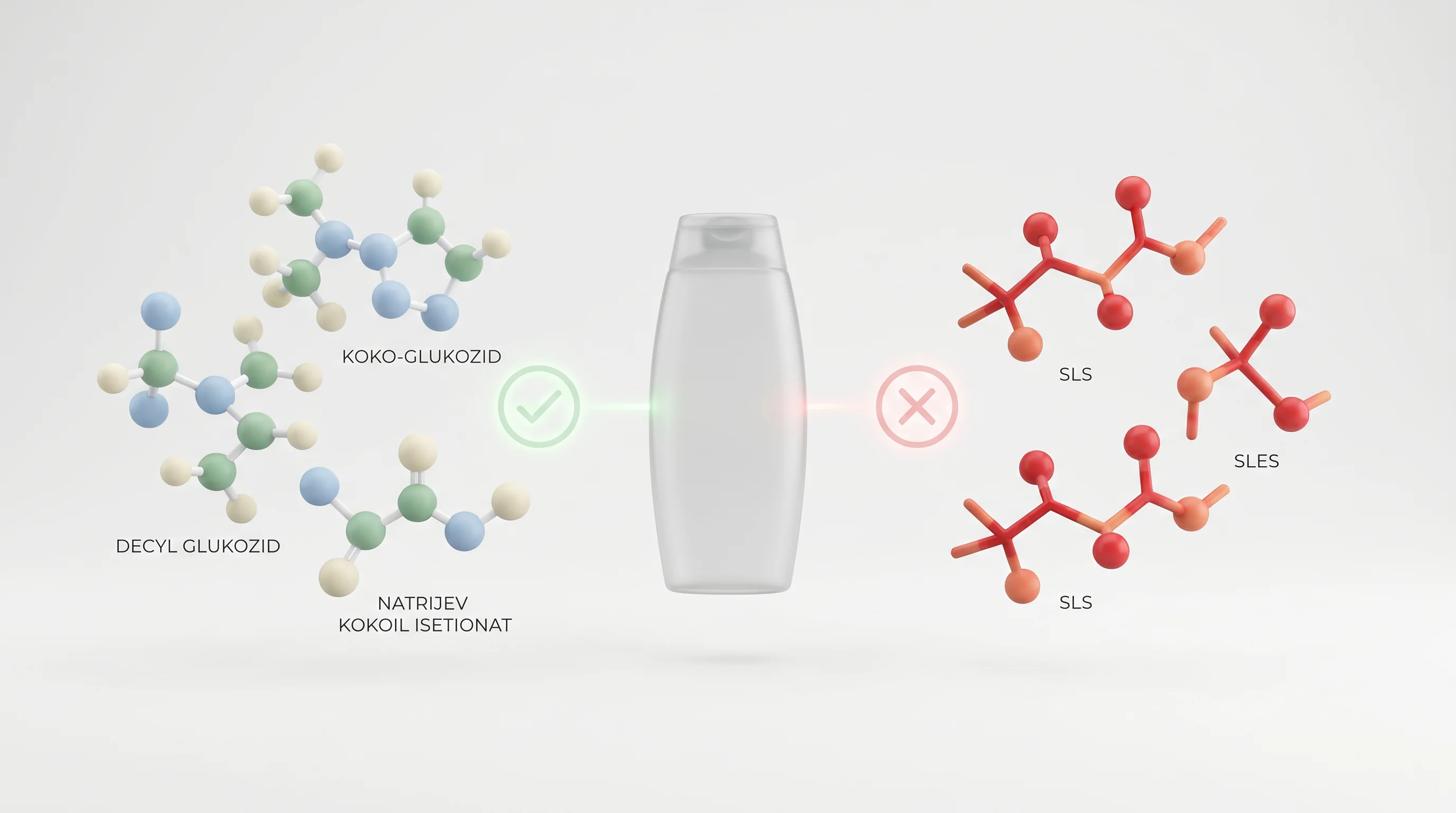 Clean 3D studio render on a white background showing simplified molecules of gentle surfactants (coco-glucoside, decyl glucoside, sodium cocoyl isethi