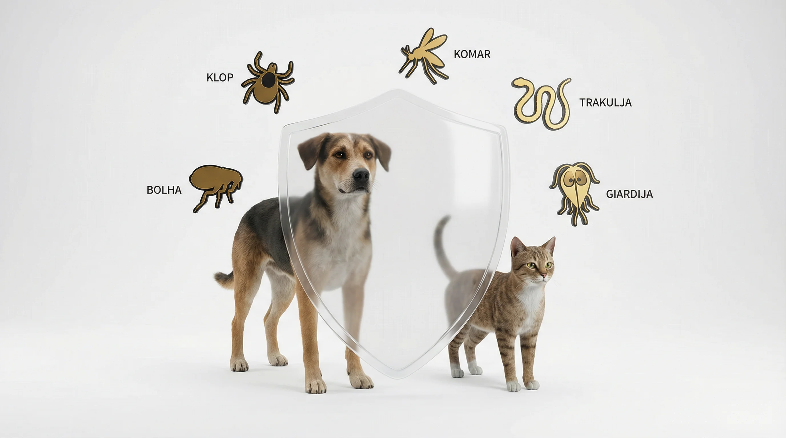 3D render psa (srednje velik mešanec) in mačke (kratkodlaka) v belem, brezšivnem studiu. Med njima stoji polprosojen ščit iz polikarbonata (IOR ~1.5) 