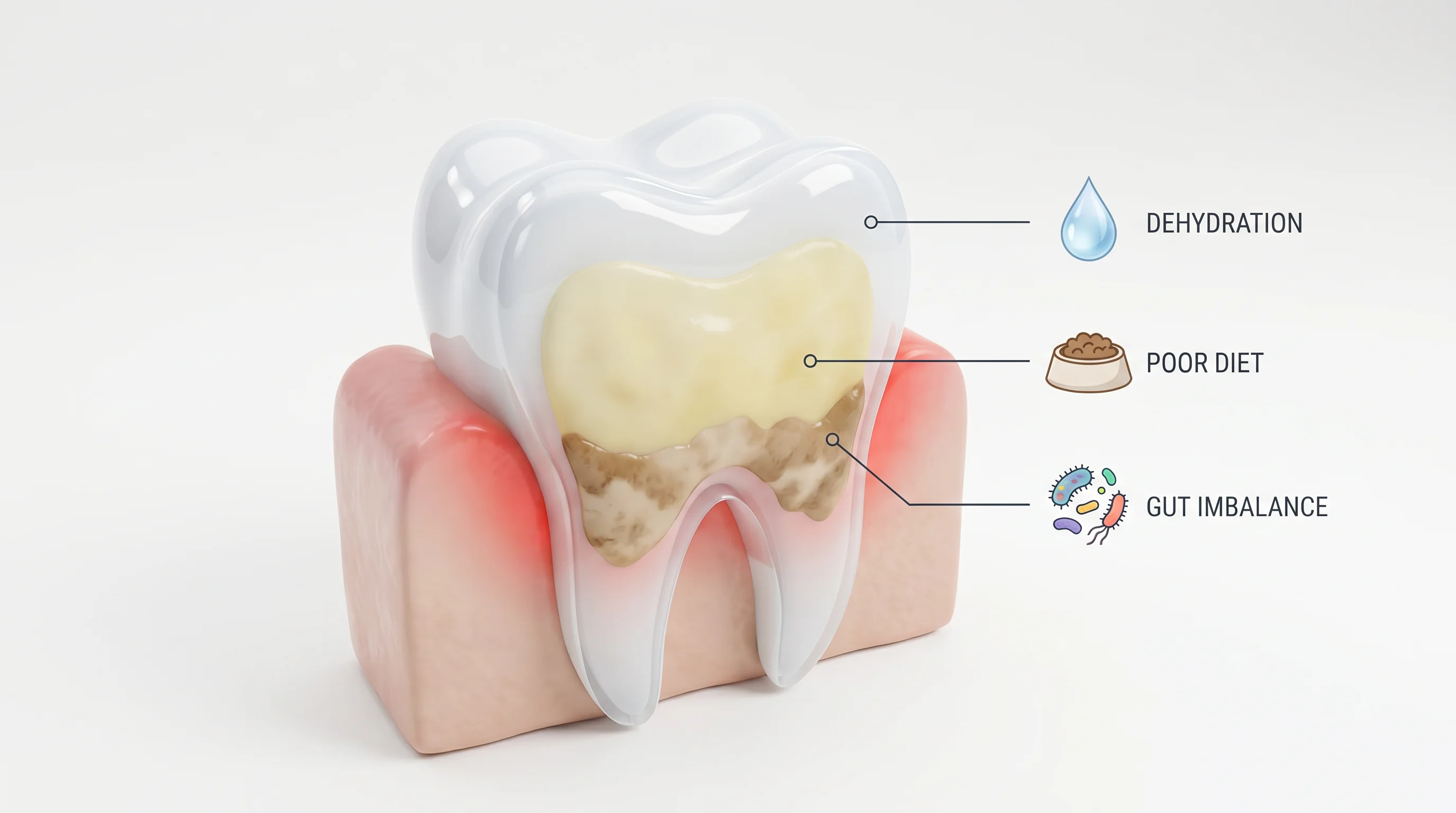 Clean 3D cutaway of a dog's molar and gumline on a white background: show enamel, a soft plaque biofilm layer, mineralized tartar at the gumline, and