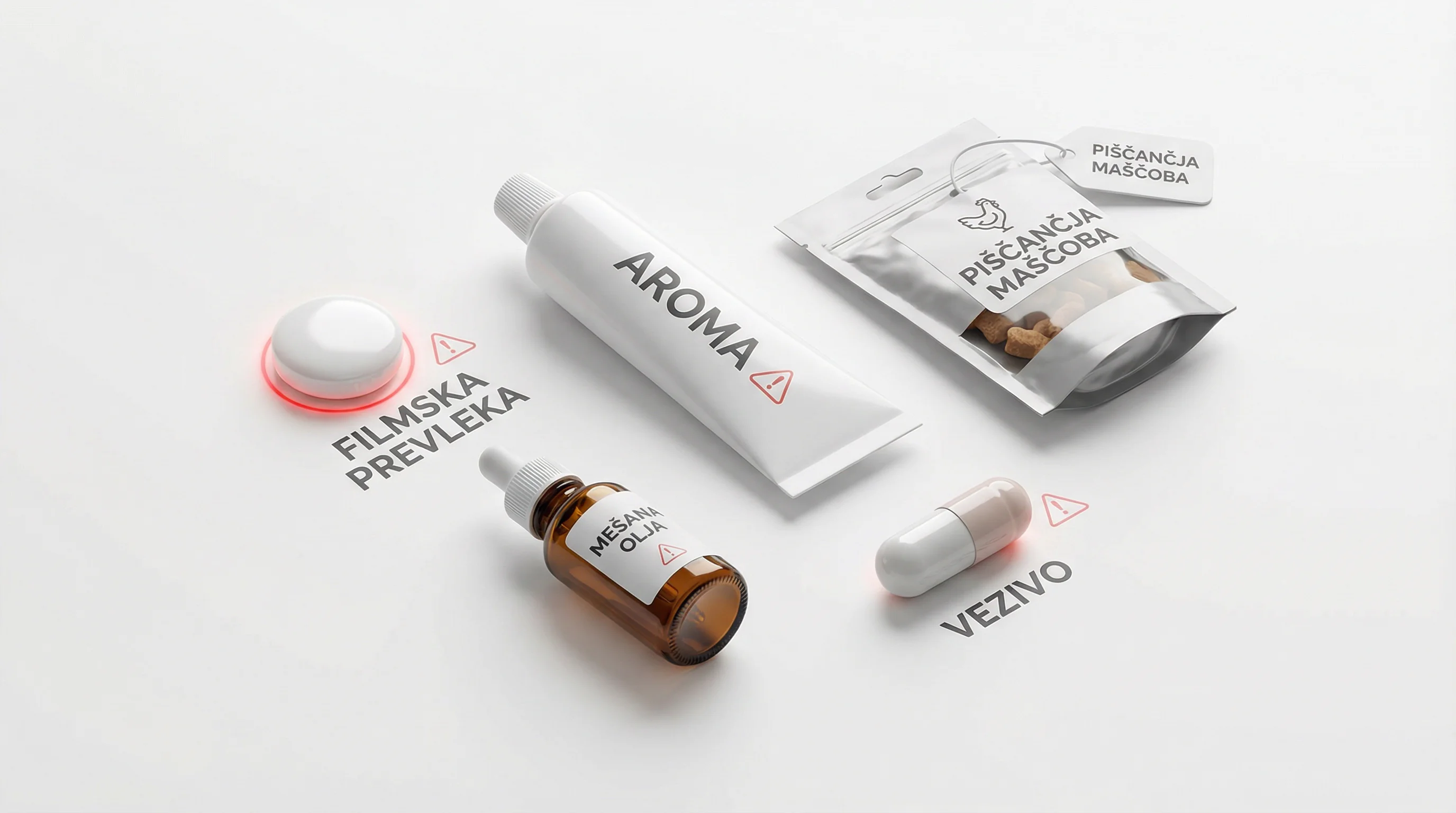 Clean, professional 3D studio render on a white background illustrating hidden animal-derived ingredients that can break a pet elimination diet: a too