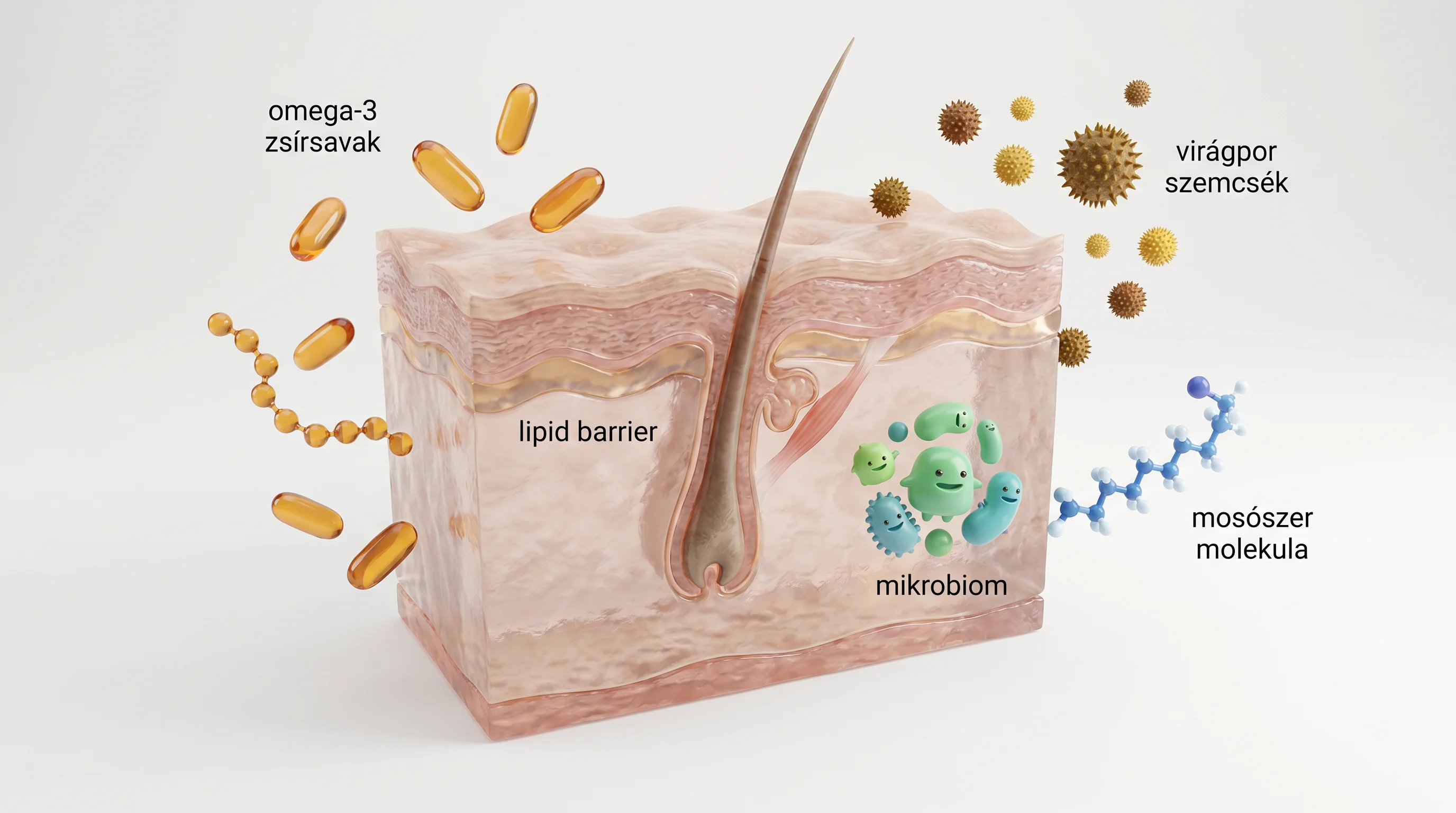 Clean, professional 3D cross-section of canine skin and coat showing the epidermis, lipid barrier, hair follicle, and a stylized microbiome (friendly 