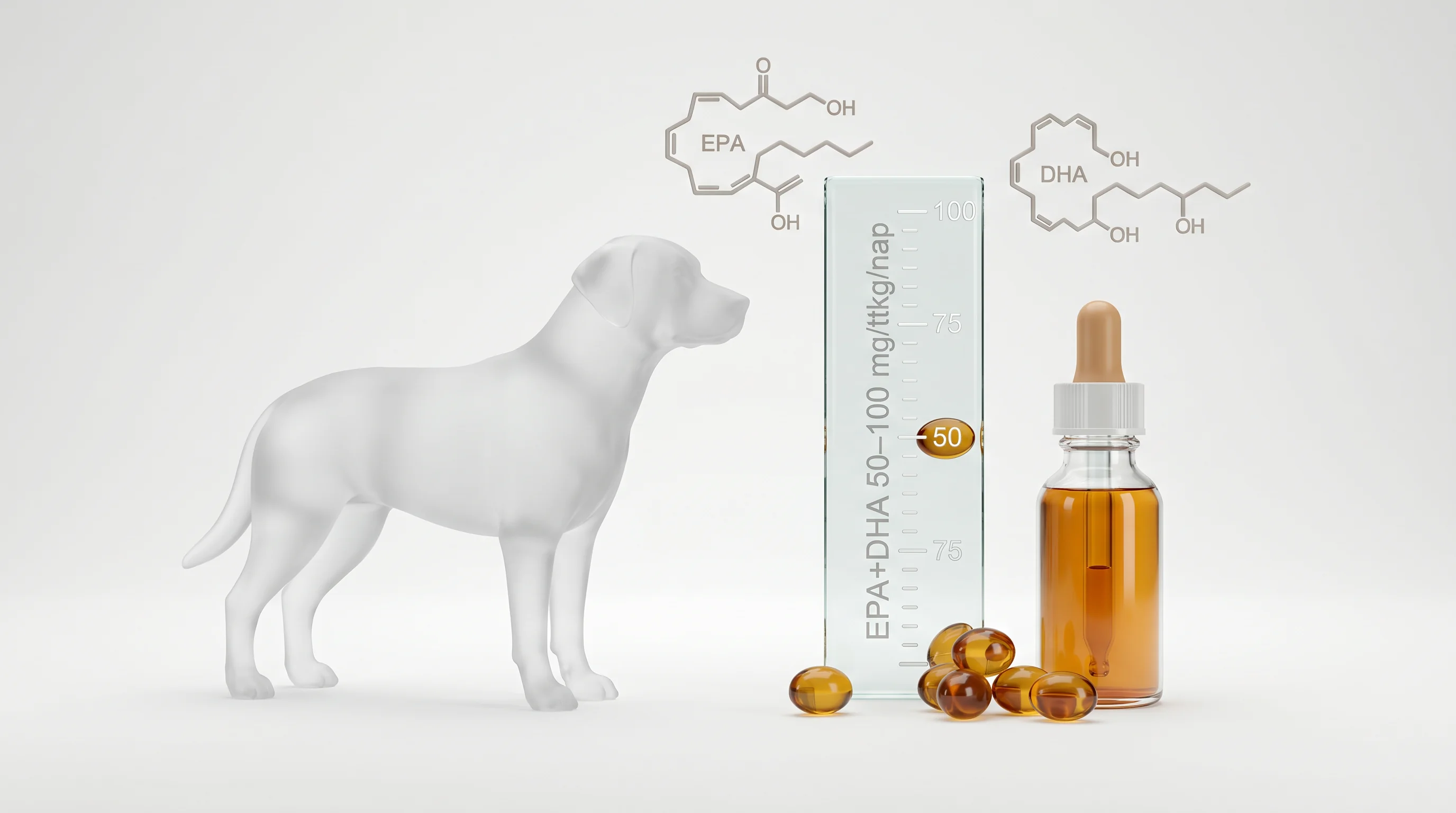 Clean studio 3D render on a white background illustrating omega-3 supplementation for dogs: a semi-transparent dog silhouette beside a vertical dosage