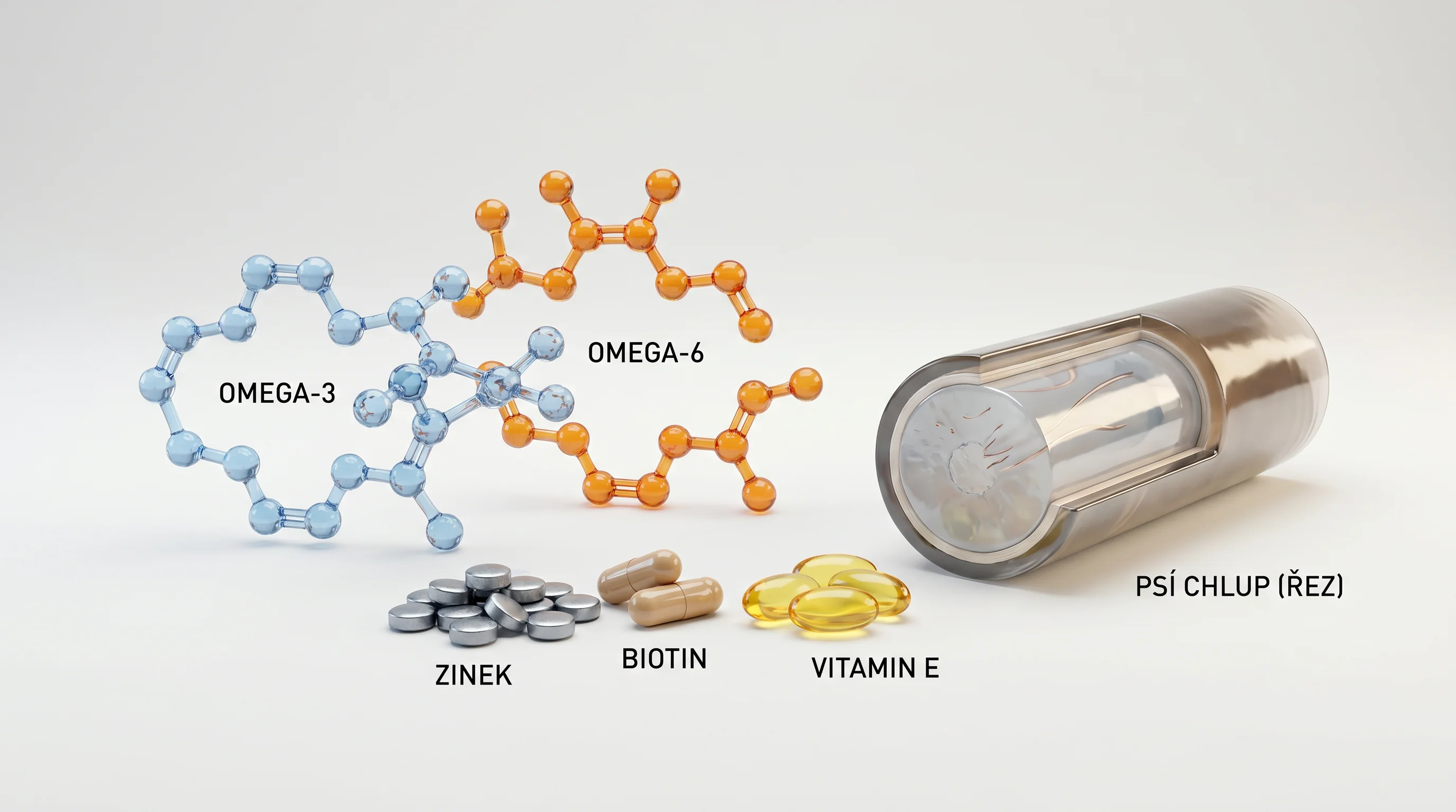 Clean studio 3D render on a neutral white background: grouped translucent icons representing omega-3 vs omega-6 fatty acid molecules (clearly contrast