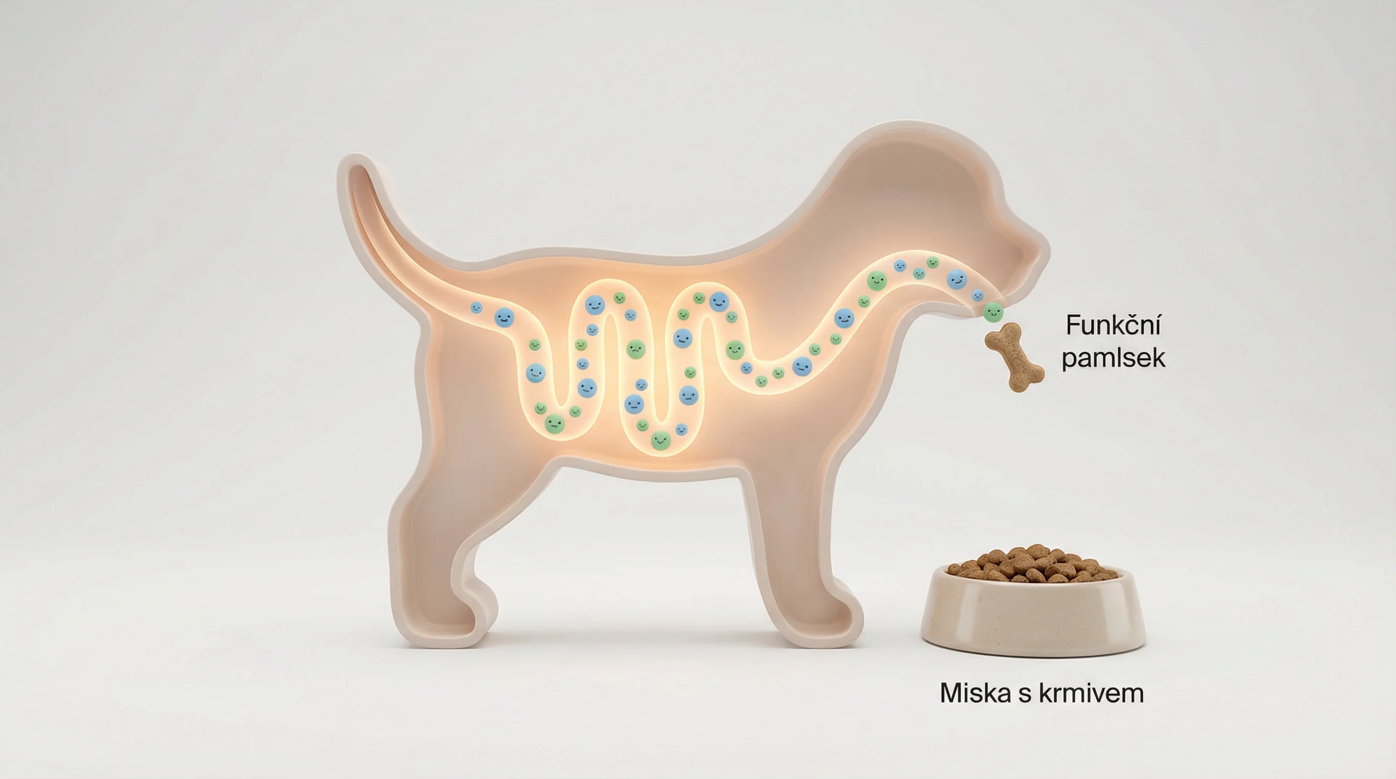 Clean 3D render of a simplified puppy digestive tract silhouette with a soft glow, showing friendly probiotic bacteria icons flowing from a small func