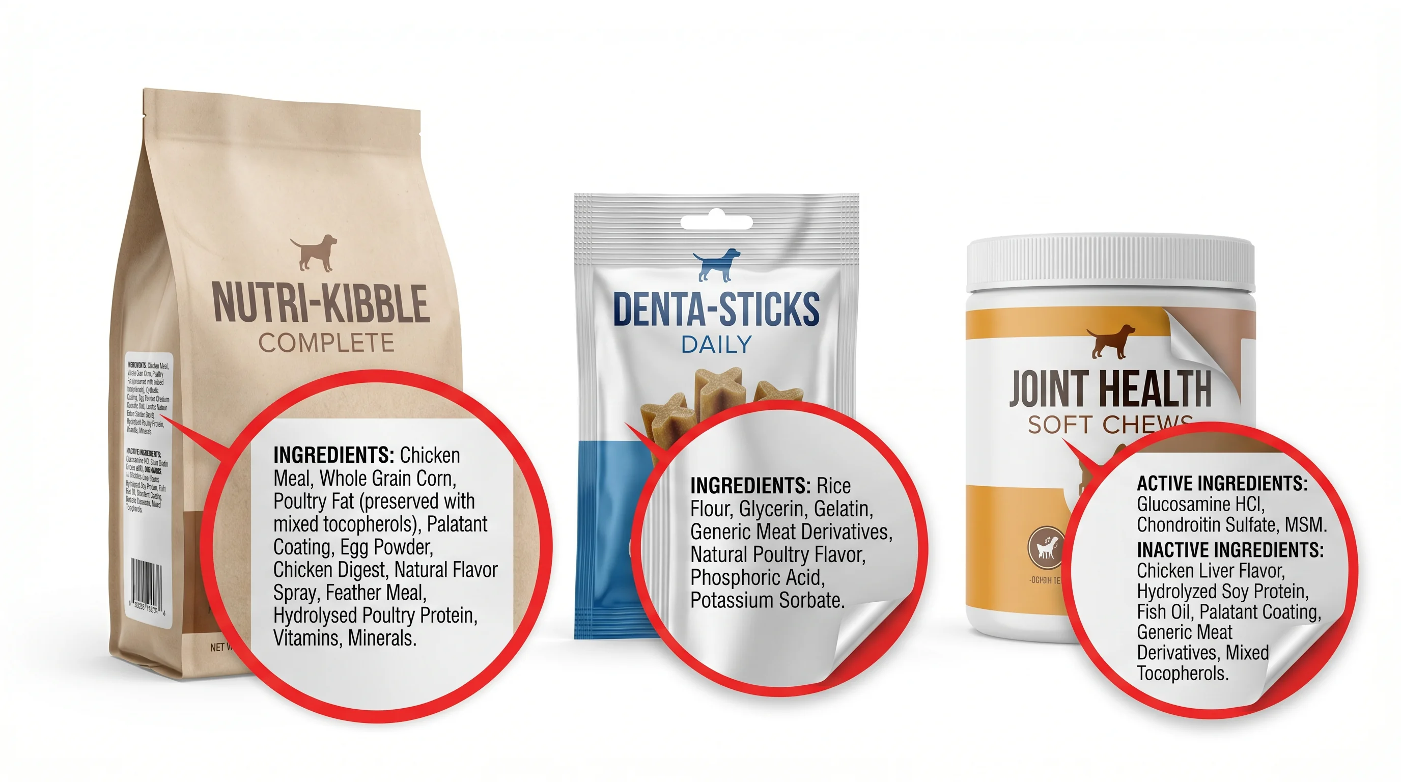 Clean 3D studio render on a neutral white background showing a dog kibble bag, a dental stick pack, and a supplement soft-chew tub with peel-away, mag