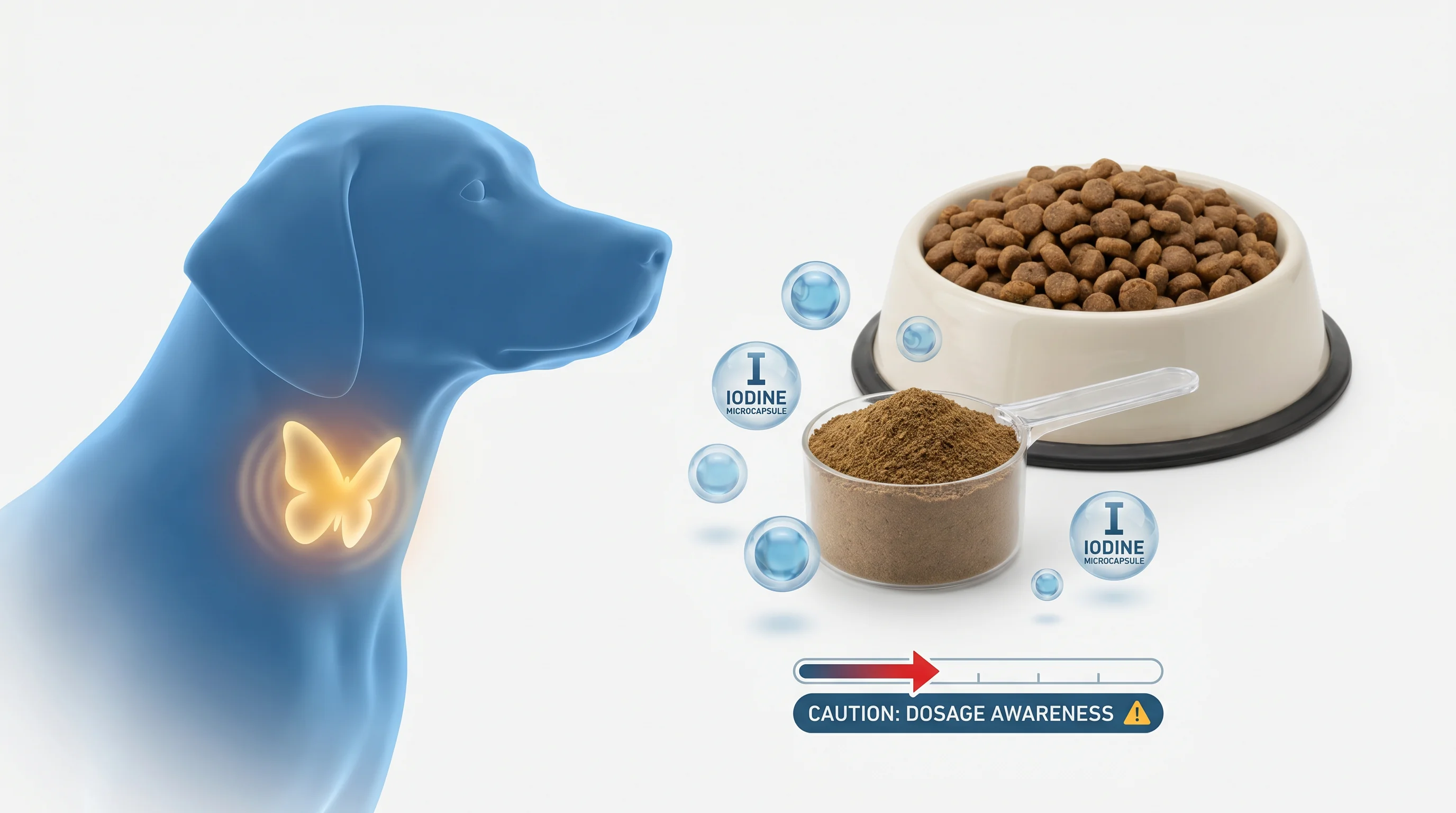 Clean studio 3D render on a white background: a small scoop of brown kelp powder beside a dog kibble bowl; a semi-transparent dog neck silhouette high