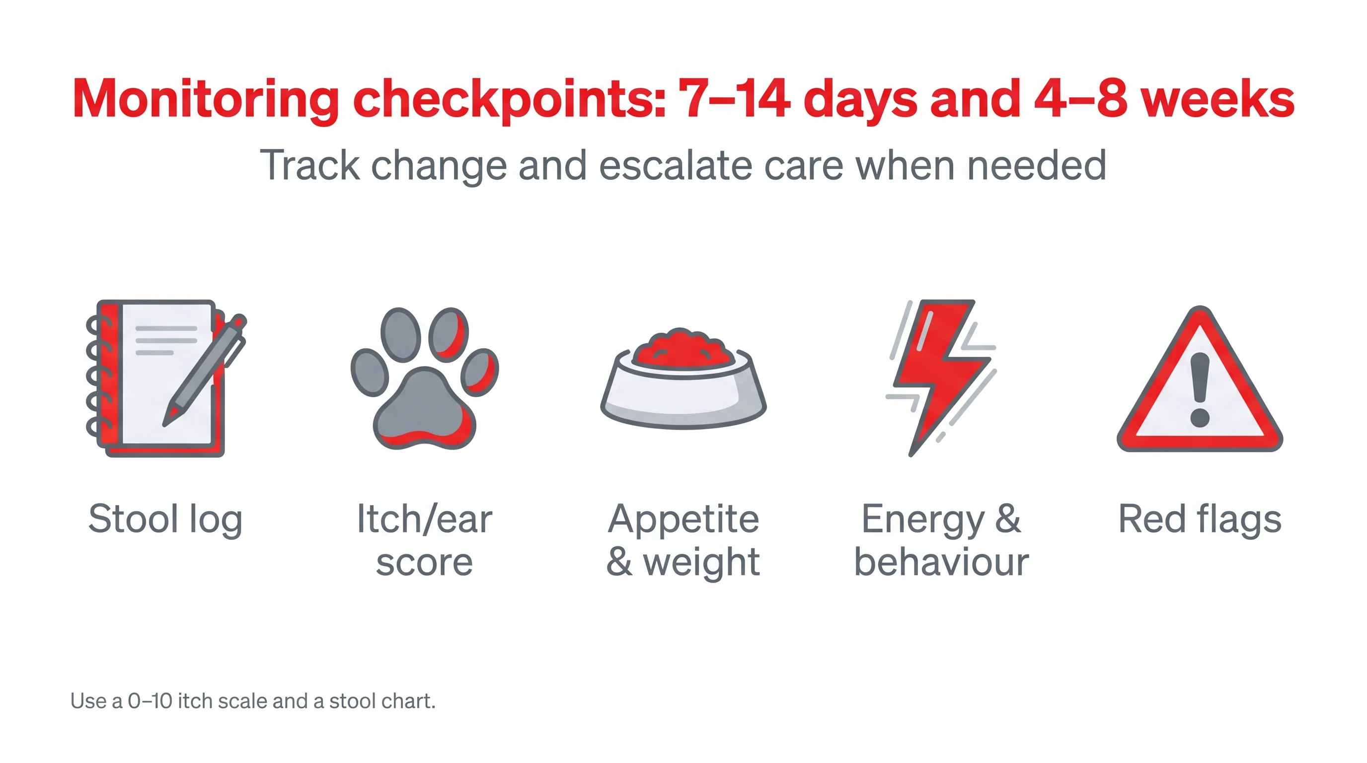 Monitoring checkpoints: 7–14 days and 4–8 weeks