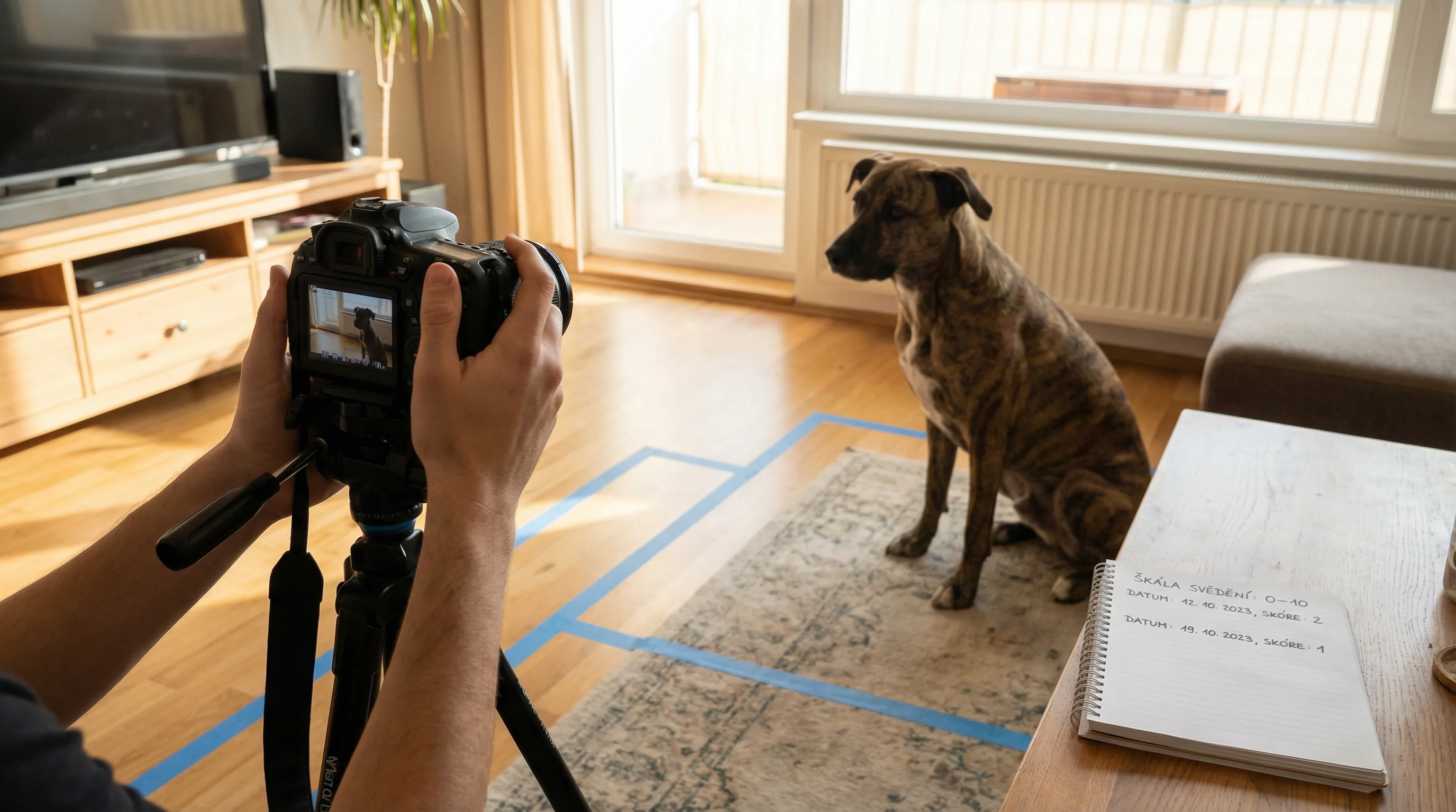 Home scene showing a person photographing the same side of a short‑haired mixed‑breed dog under natural window light; tape marks on the floor to keep 