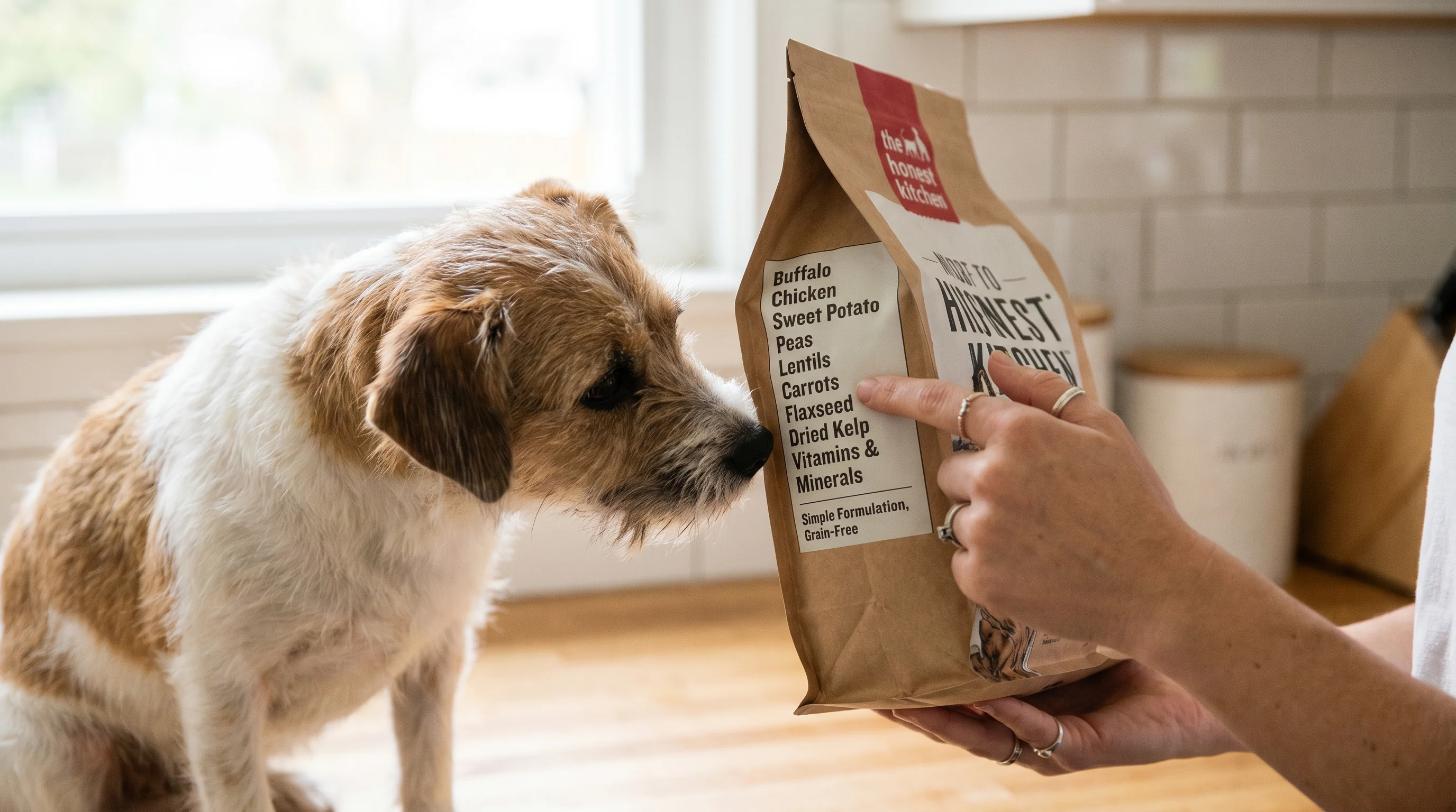 Close-up, natural light kitchen scene: a person’s hands (no visible face) holding a dog food bag and tracing the ingredient list that shows clear, nam