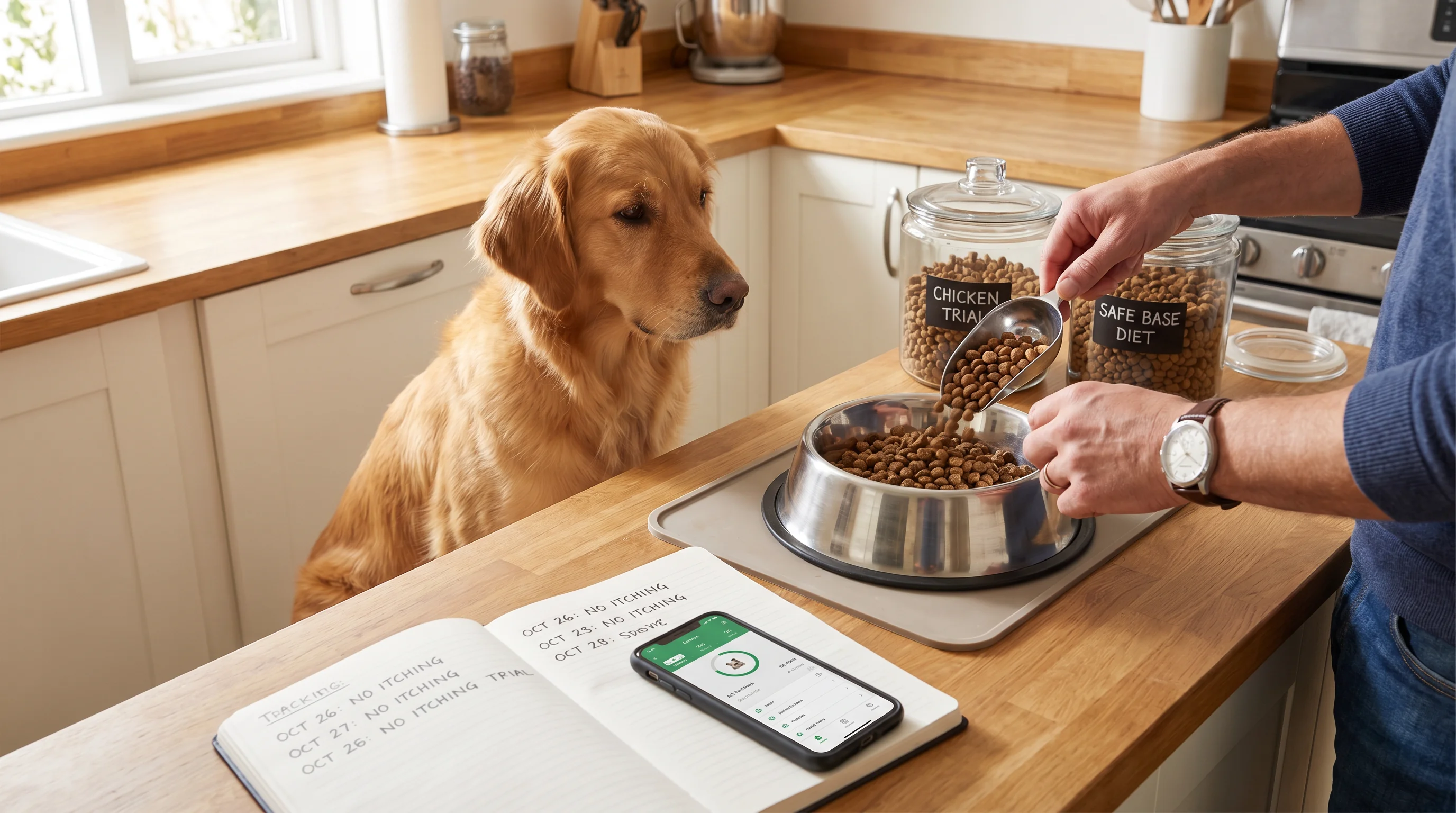 Home kitchen scene: a calm adult dog waiting by a clean feeding area while an owner’s hands (no face visible) measure a single‑protein kibble into a s