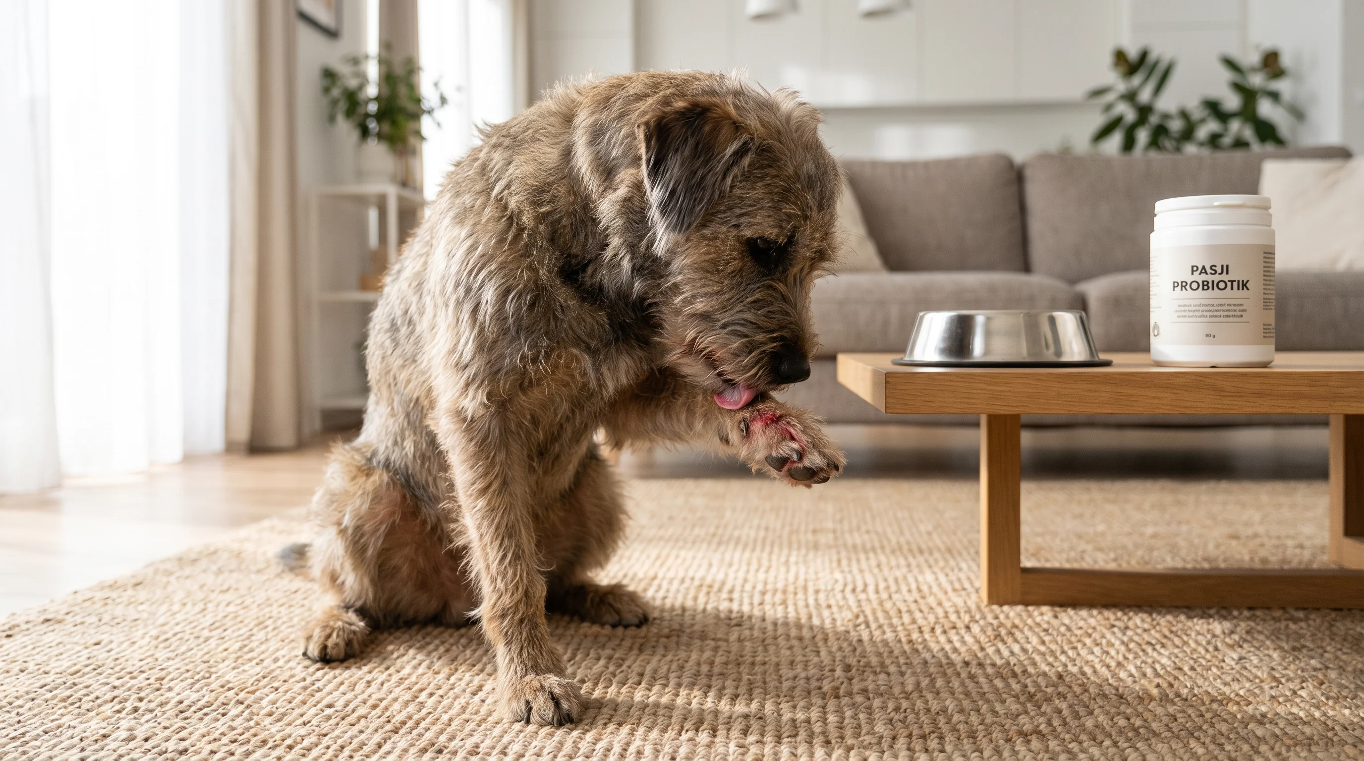 A medium-sized mixed-breed dog on a light living-room rug gently licking an itchy front paw; subtle redness between the toes; nearby a stainless-steel