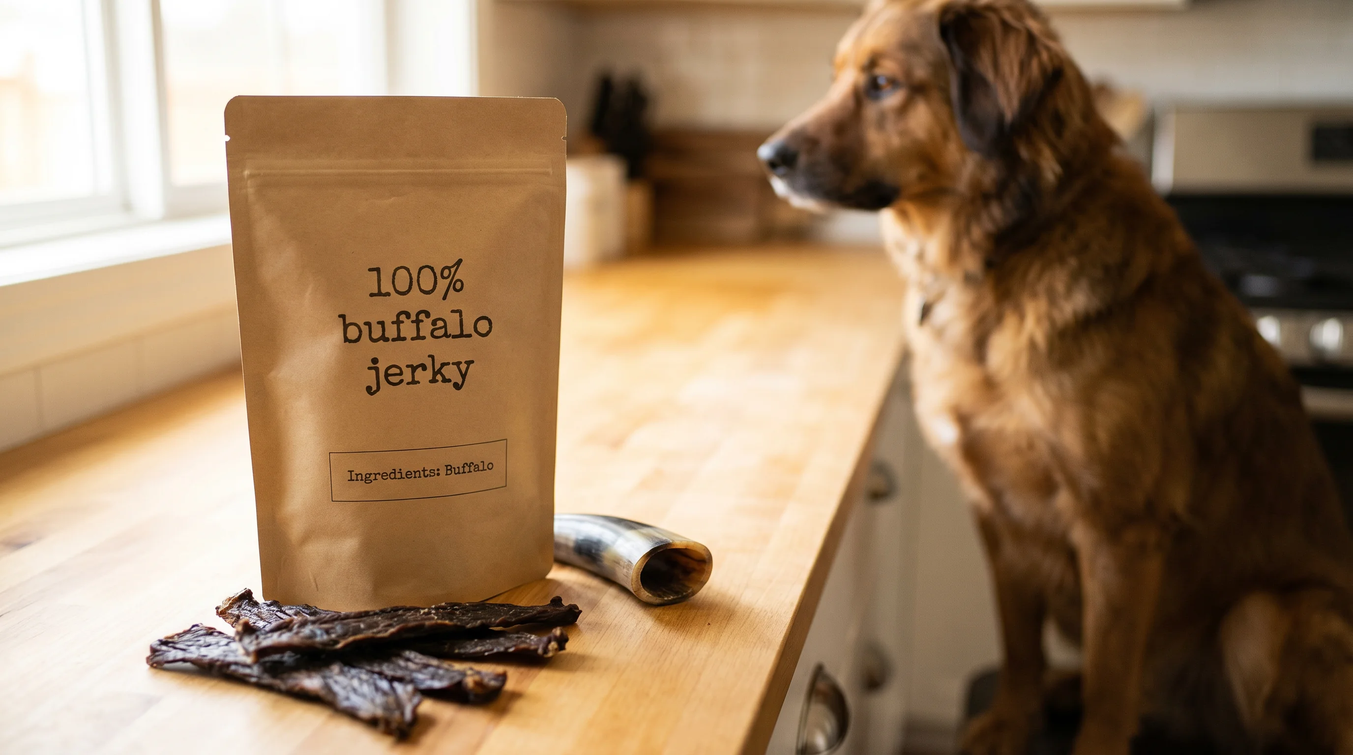 Bright kitchen countertop scene: close-up of a plain kraft resealable bag labeled '100% buffalo jerky' with a small ingredients panel showing only 'Bu