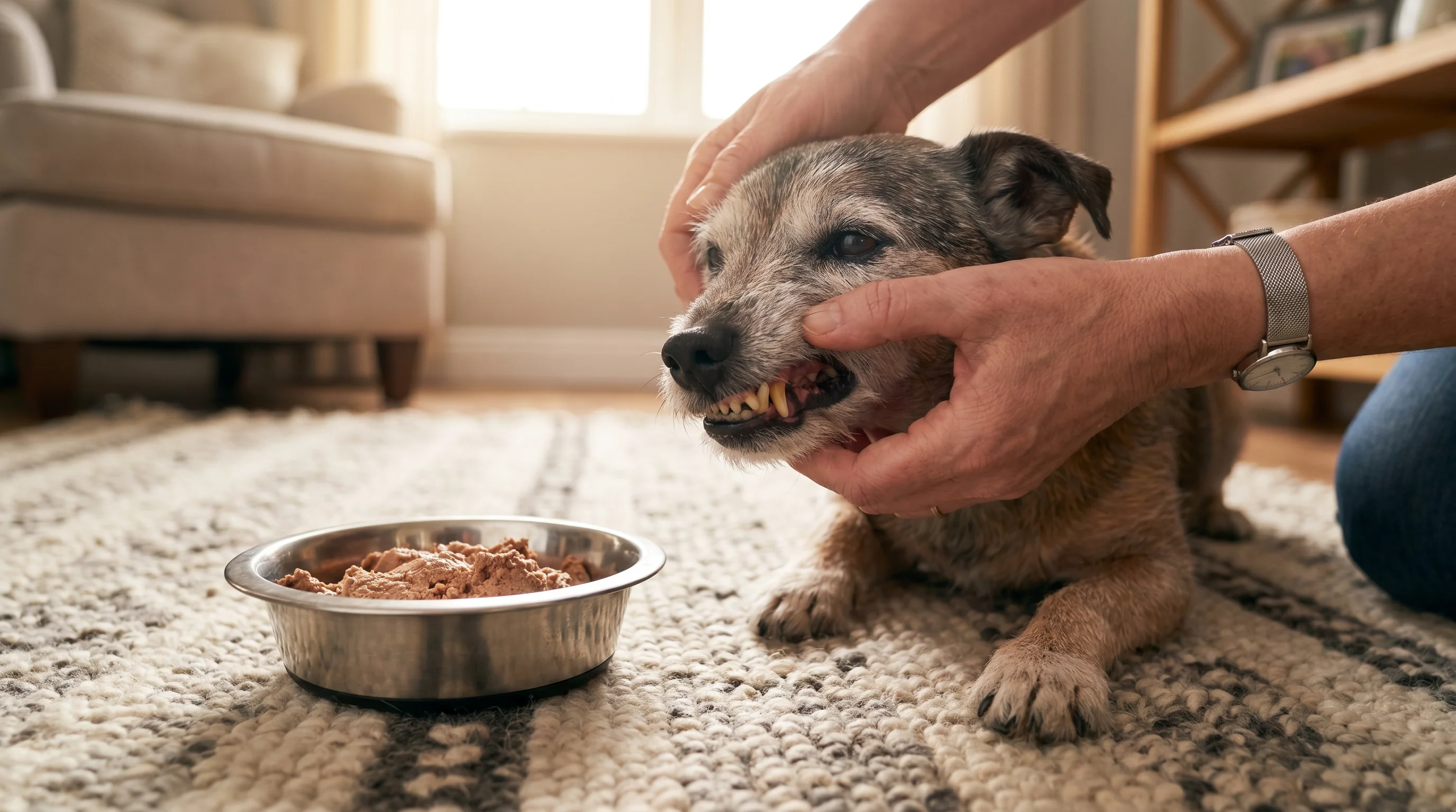 Elderly small-breed dog on a soft rug at home while a caregiver’s hands gently lift the dog’s lip to show loose, yellowed teeth and reddened gums; sta