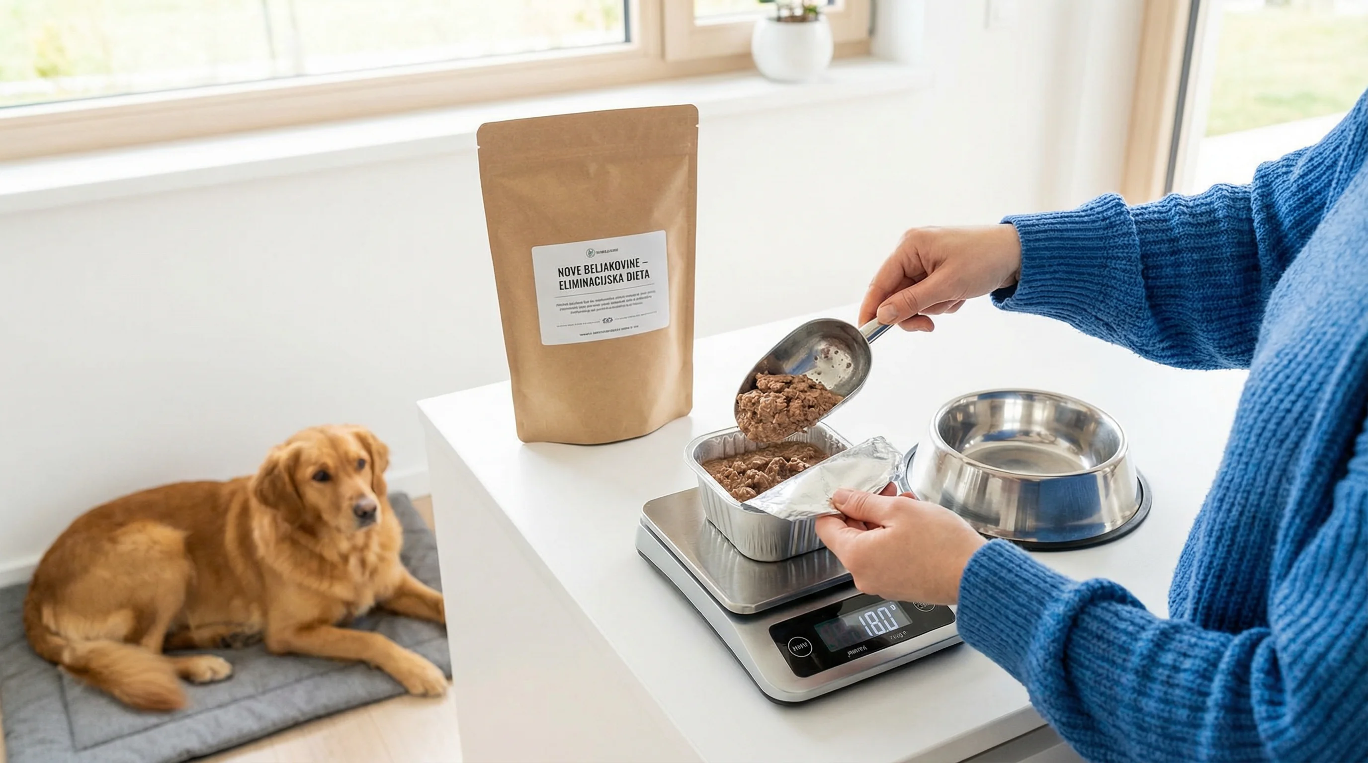A pet owner weighing a single-protein wet dog food on a digital kitchen scale, scooping a precise portion into a stainless steel bowl; a labeled bag r