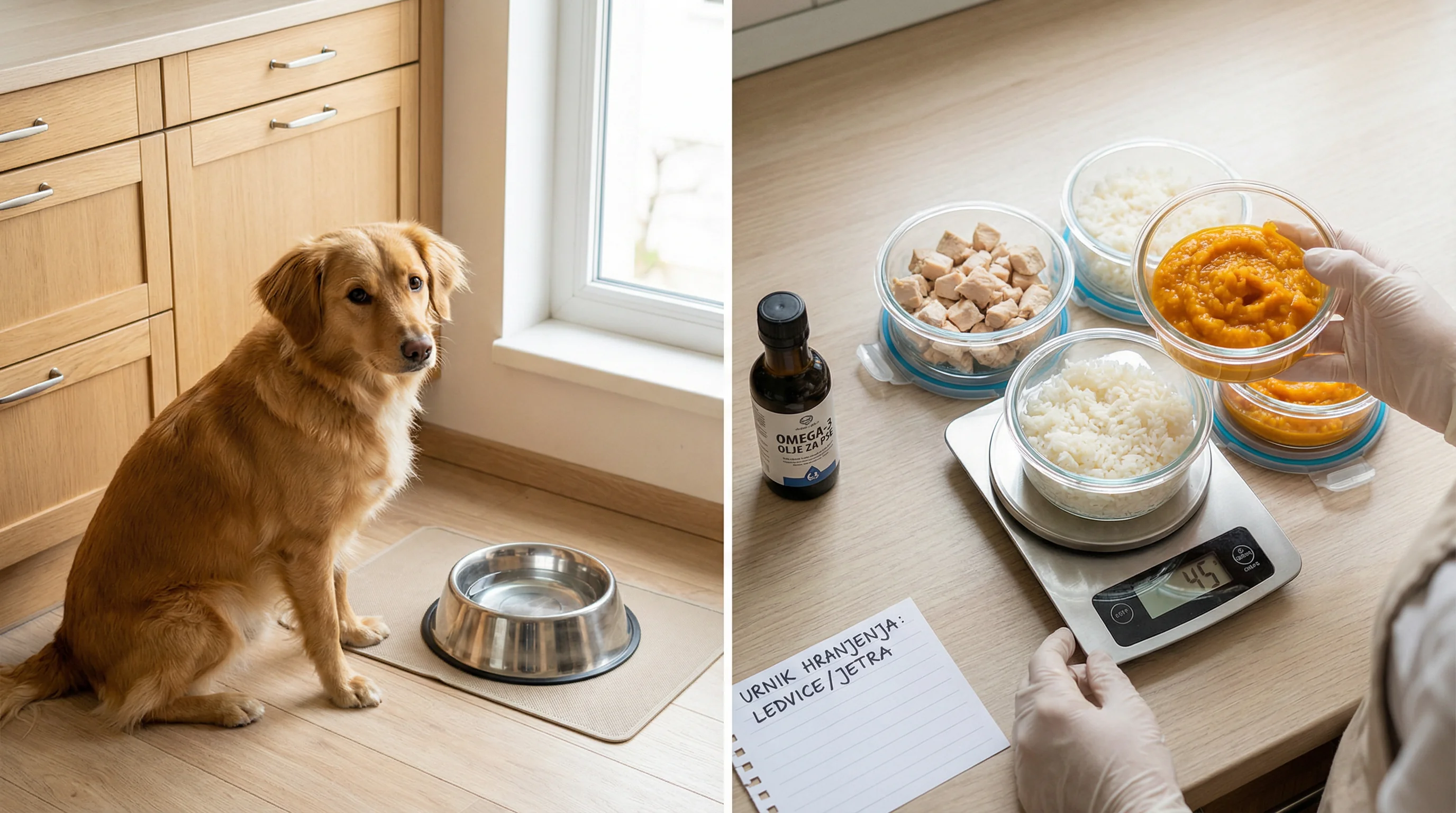 A tidy home kitchen counter scene with a medium-sized dog waiting calmly beside a stainless steel bowl; hands (no face visible) portioning a small, wa