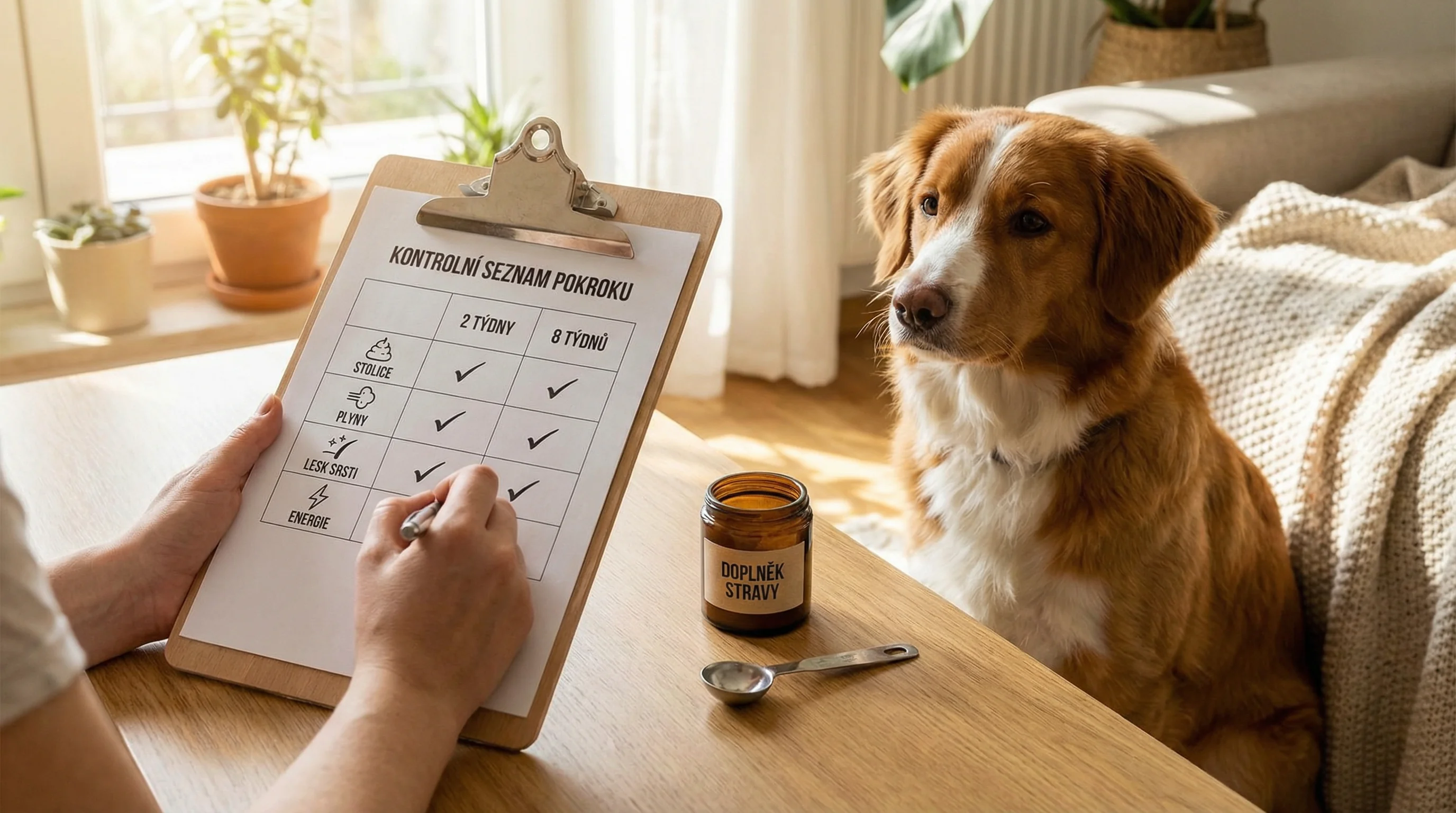 A medium-sized dog next to a table where only the owner's hands are visible updating a 2-week and 8-week progress checklist on a clipboard; icons for
