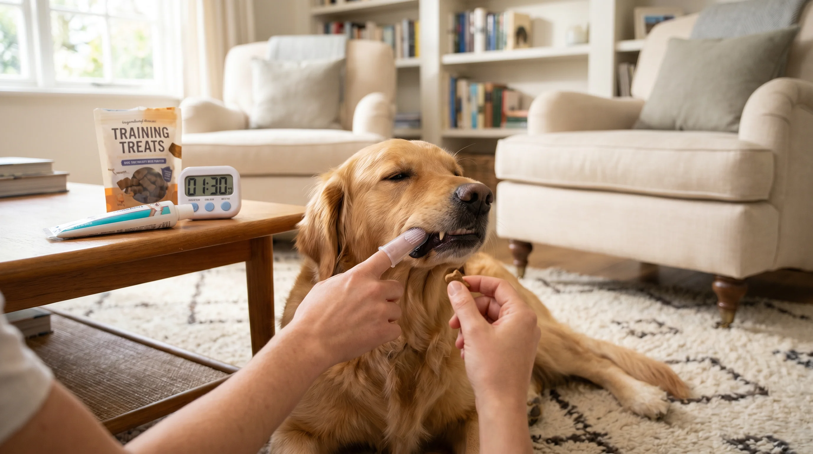 Home scene: a person kneeling beside a calm medium-sized dog on a rug, gently touching one canine tooth with a silicone finger brush while offering a 