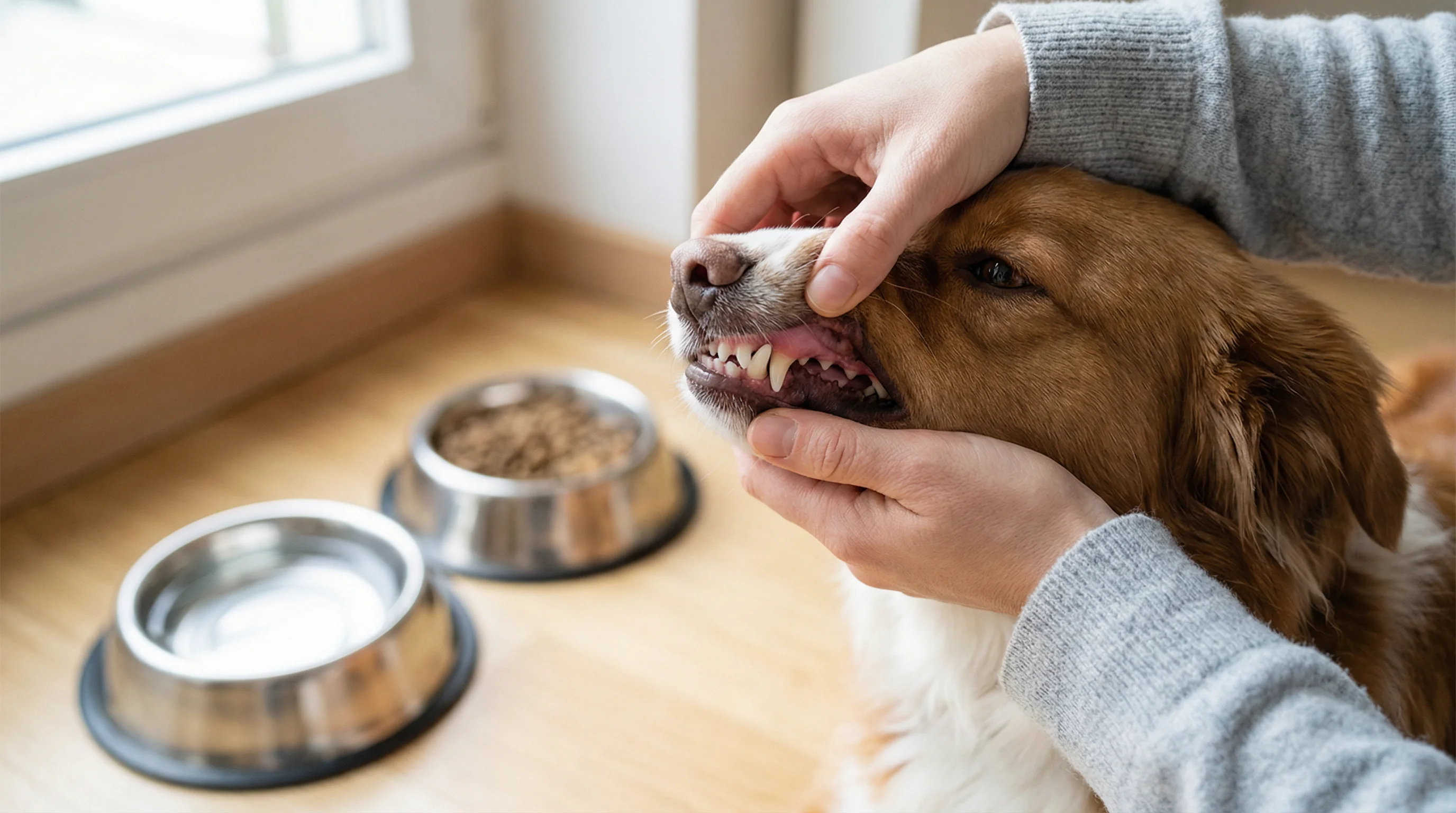 Close-up of a medium-sized dog sitting calmly at home while a person's hands gently lift the dog's upper lip to reveal teeth and gums; focus on the mo