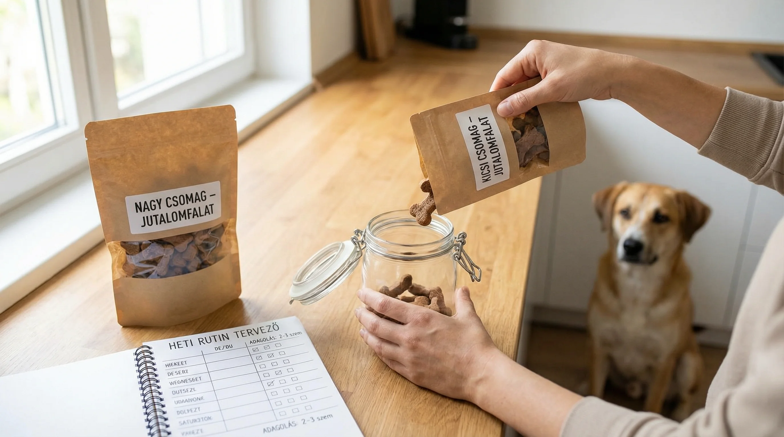 Morning kitchen scene: a tidy home kitchen countertop with two different sizes of resealable functional dog treat bags (small pack and bulk pack), an