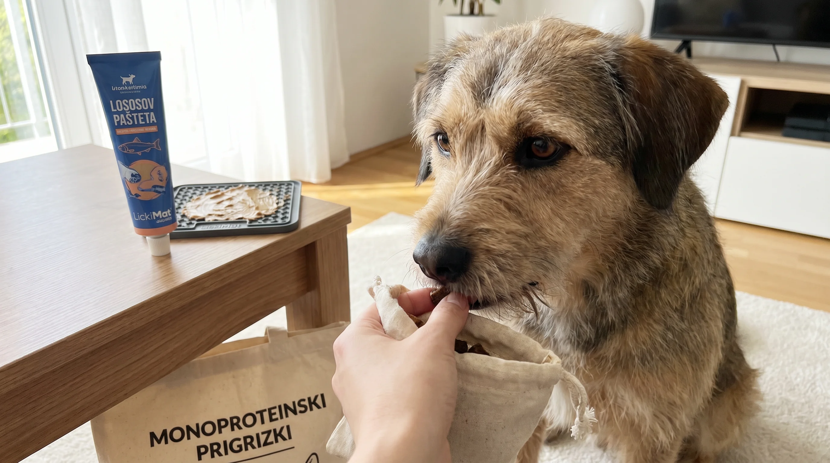 Občutljiv pes med mirnim domačim treningom vzame drobcen monoprotein priboljšek