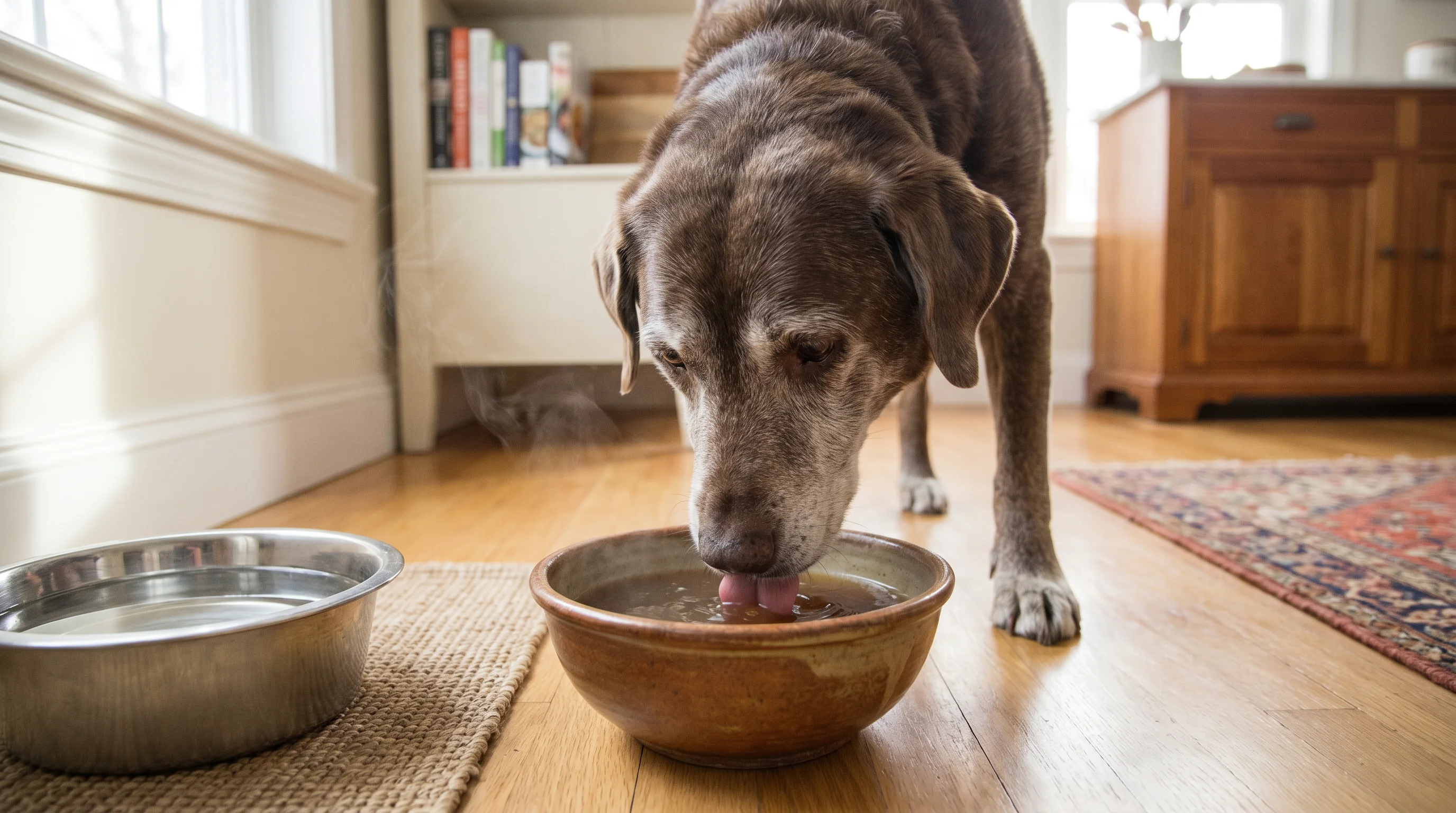 An older medium-sized dog, such as a labrador mix, drinking warm low-sodium bone broth from a ceramic bowl on a kitchen floor; gentle morning light, s
