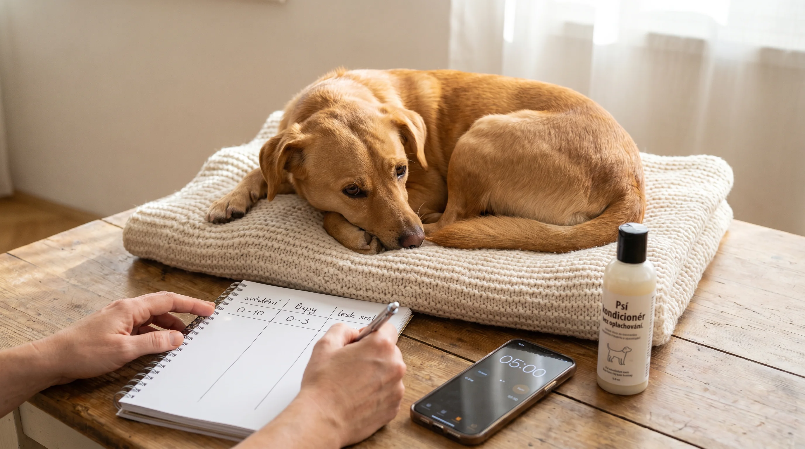 Cozy home scene: a medium-sized short-haired dog lying on a light-colored blanket while a person's hands (no face visible) fill out a simple skin care