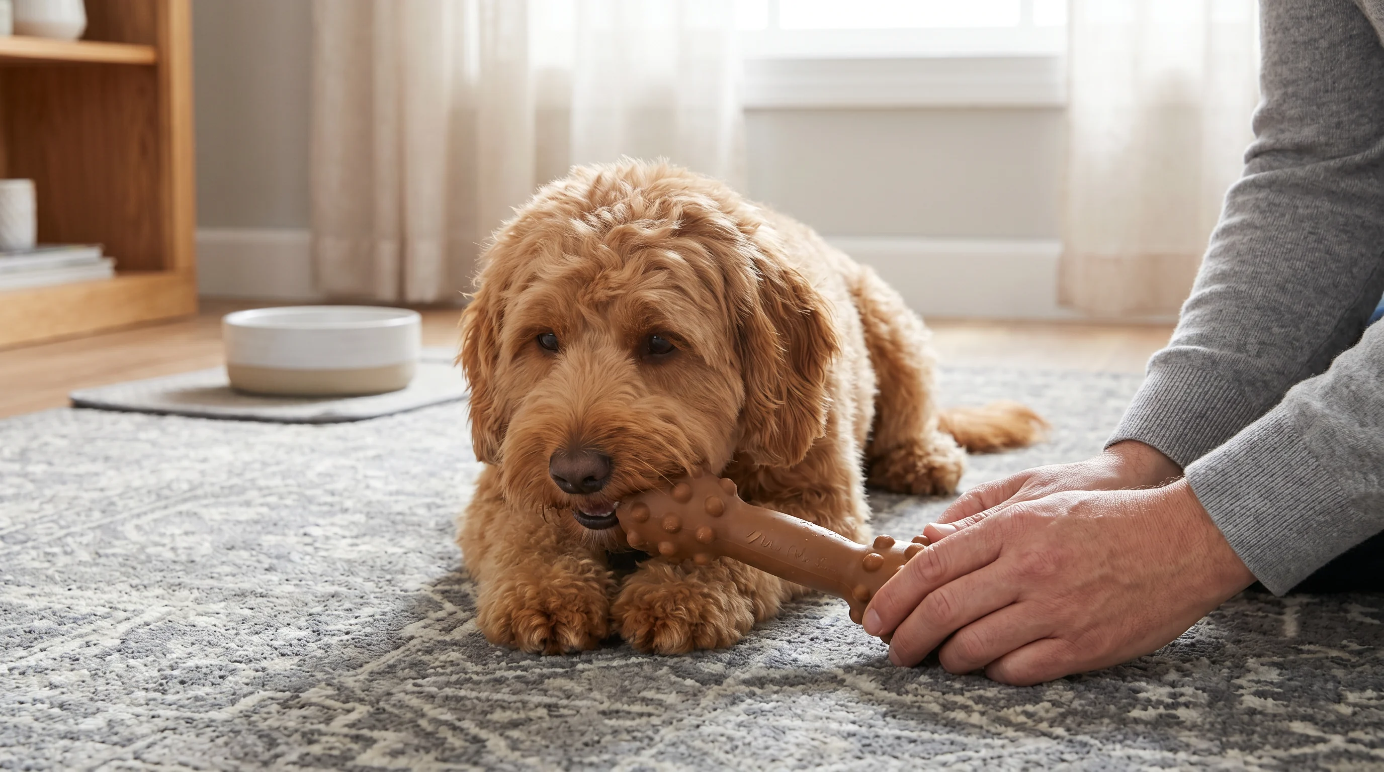 Indoor scene of a medium-size dog calmly chewing a textured, slightly flexible dental chew that is larger than the dog’s muzzle; owner’s hands visible