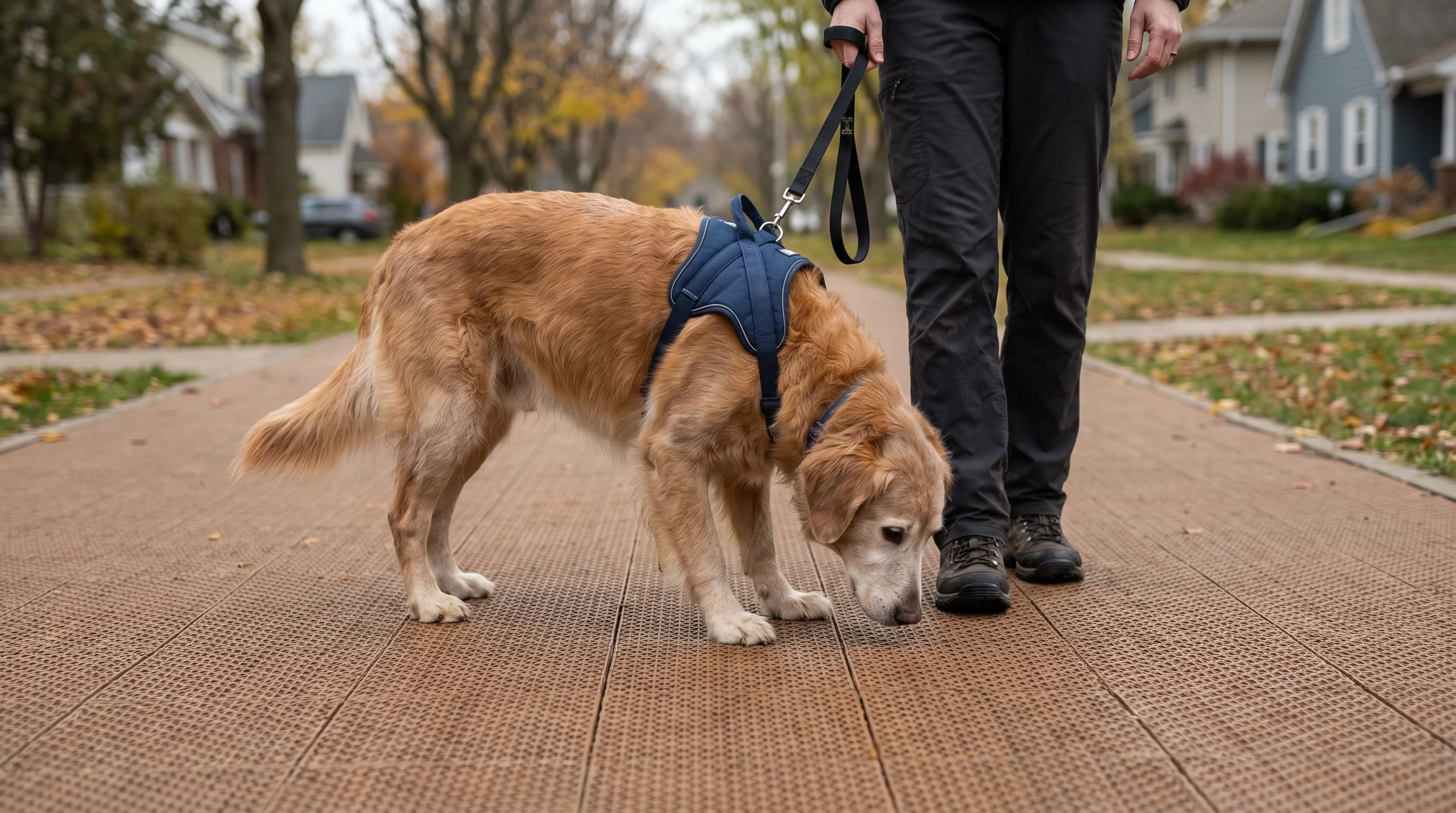 Senior medium-sized dog wearing a supportive Y-harness on a short leash, walking slowly on a textured rubber path in a quiet neighborhood; handler vis