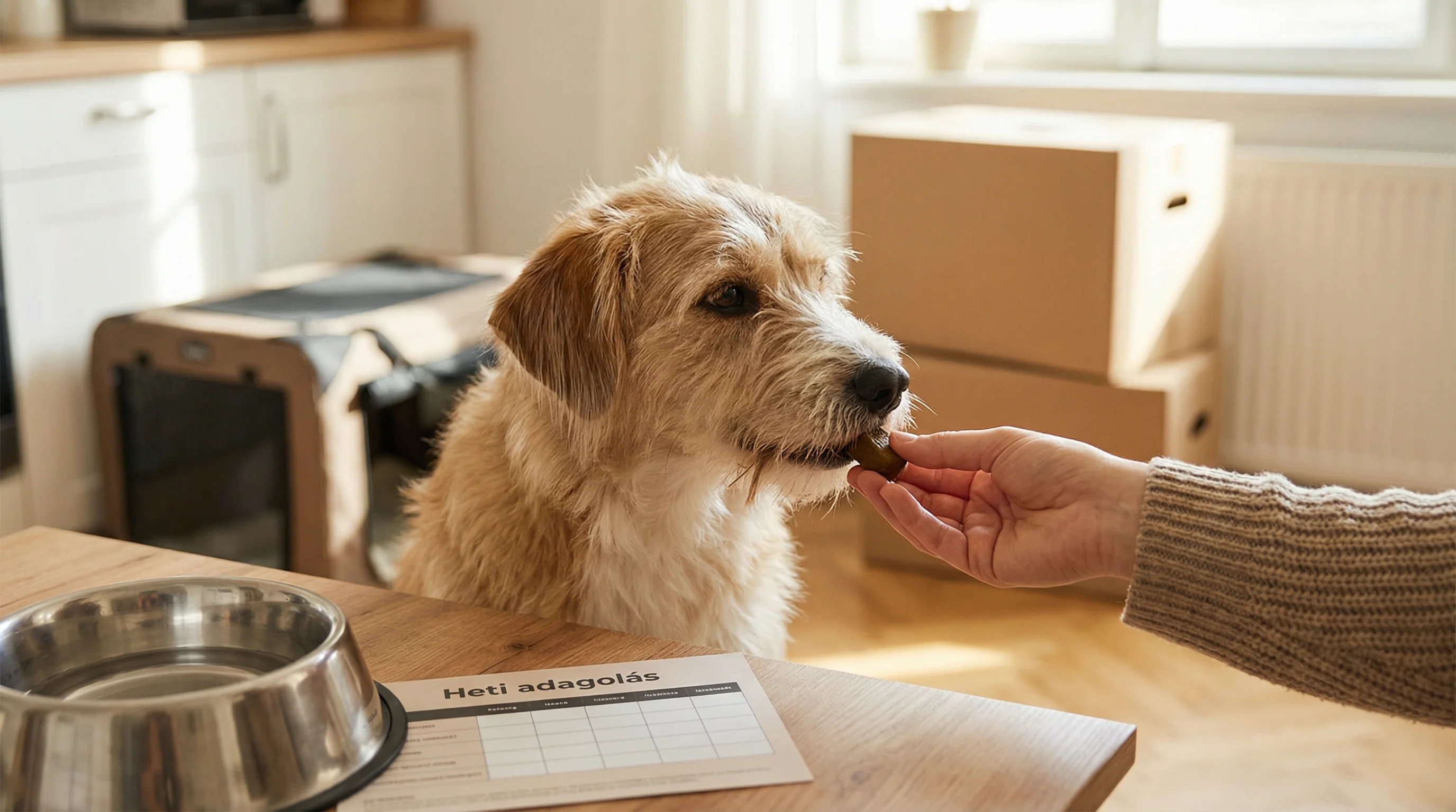 Practical home scene: a small-to-medium mixed-breed dog calmly taking a soft functional chew from a person's hand (only the hand visible), with a trav