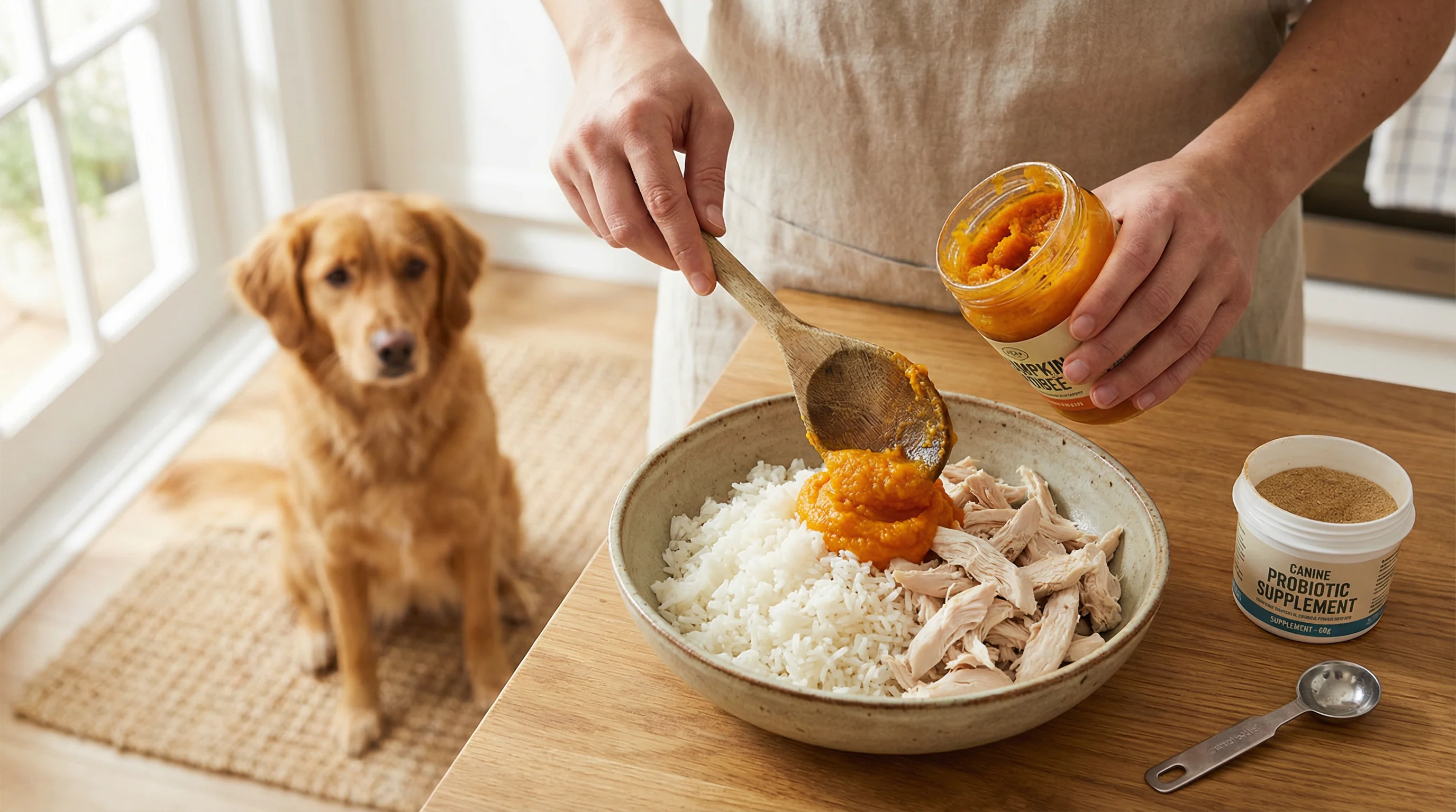 Close-up of an owner's hands spooning plain pumpkin puree into a ceramic bowl of well-cooked white rice and shredded poached chicken for a medium-size