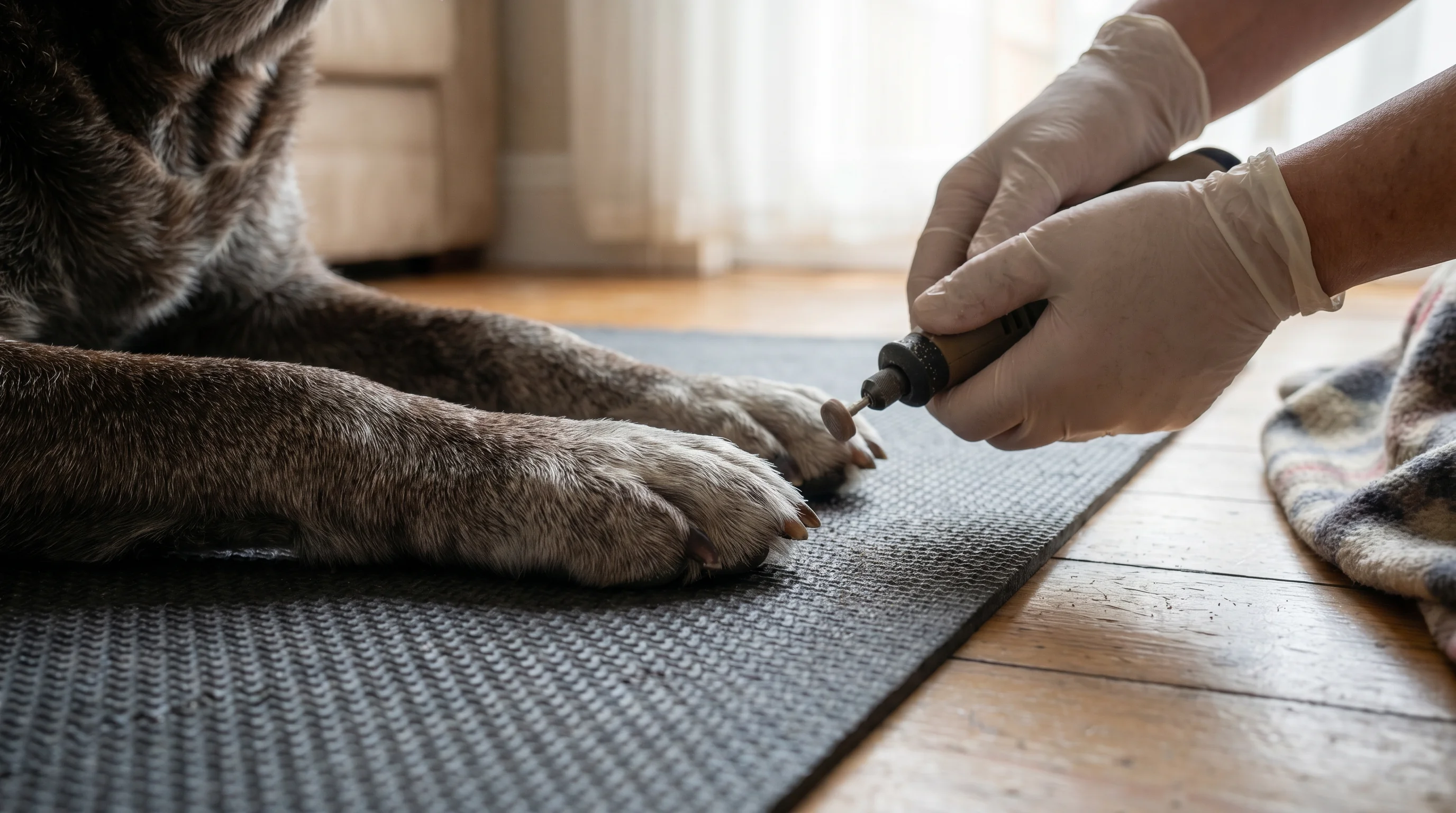 Close-up of a senior Labrador’s front paws on a dense non-slip runner while a person’s hands gently use a dog nail grinder; nails trimmed short and cl
