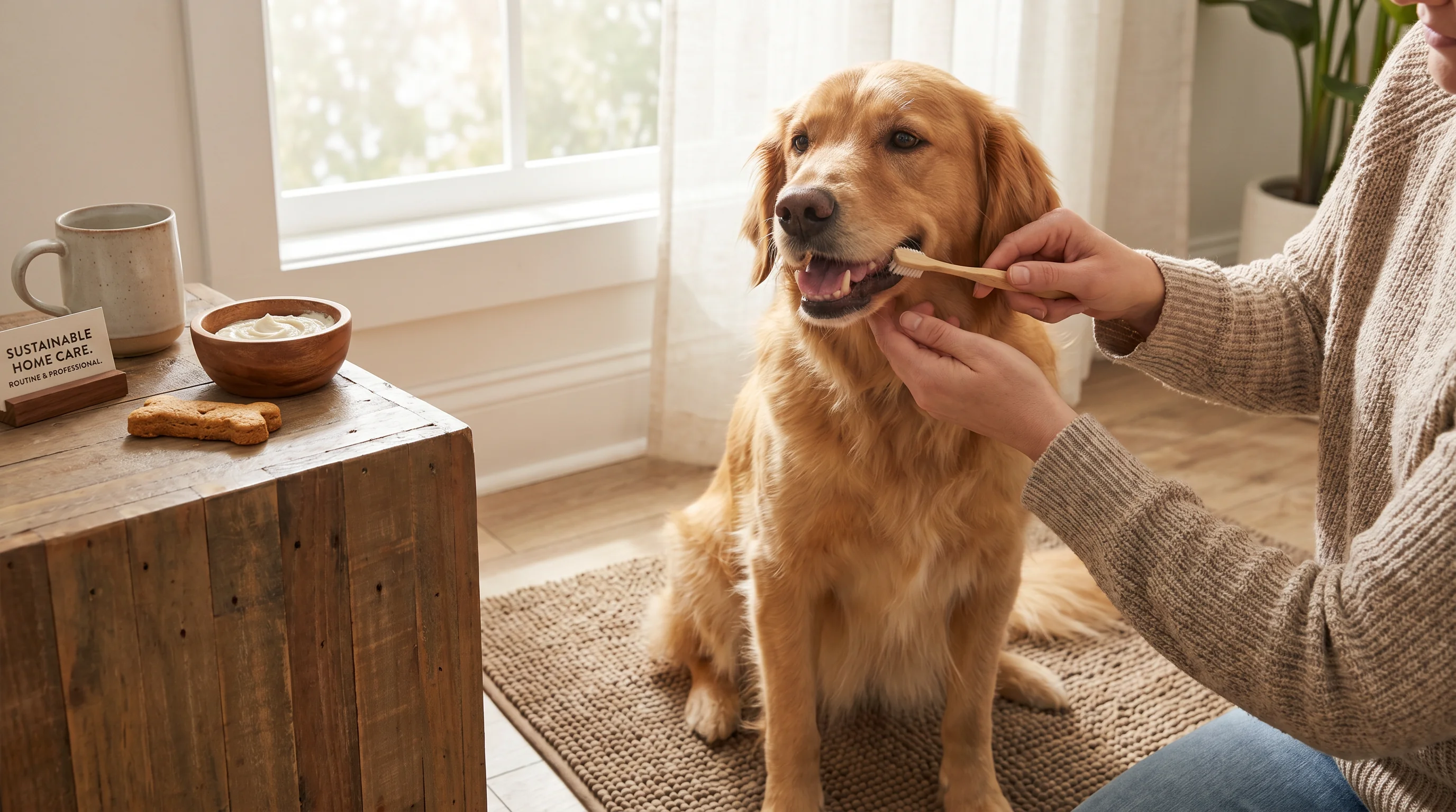 A calm indoor scene with natural light where a person’s hands (no face visible) gently brush a medium-sized dog’s outer molars using a soft-bristled t